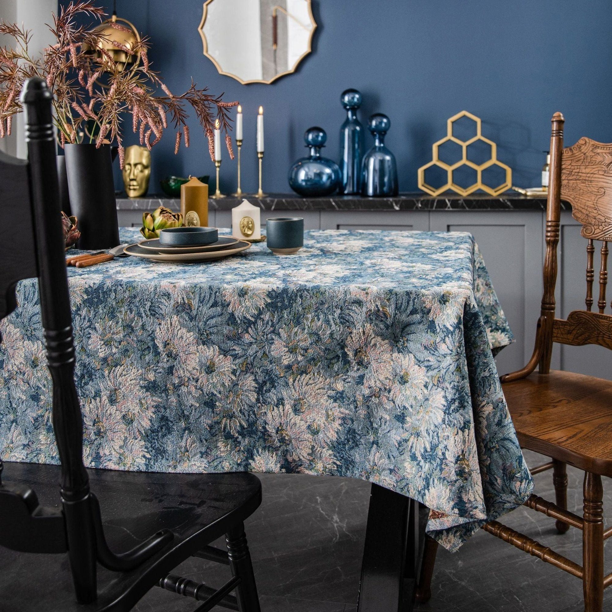 AUKUU Tischdecke Tischdecke Tischdecke blaue Jacquard Tischdecke Ölgemälde dicke, Tischdecke blaue Blumen
