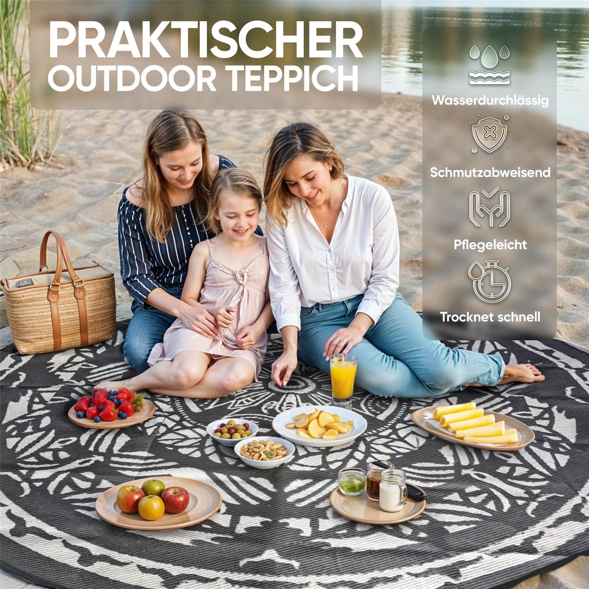 EVOCAMP Zeltteppiche Outdoor Picknick Teppich, Vorzeltteppich, wetterfest und leicht, Rund, schnelltrocknender Terassenteppich, UV-beständig, mit Tragetasche