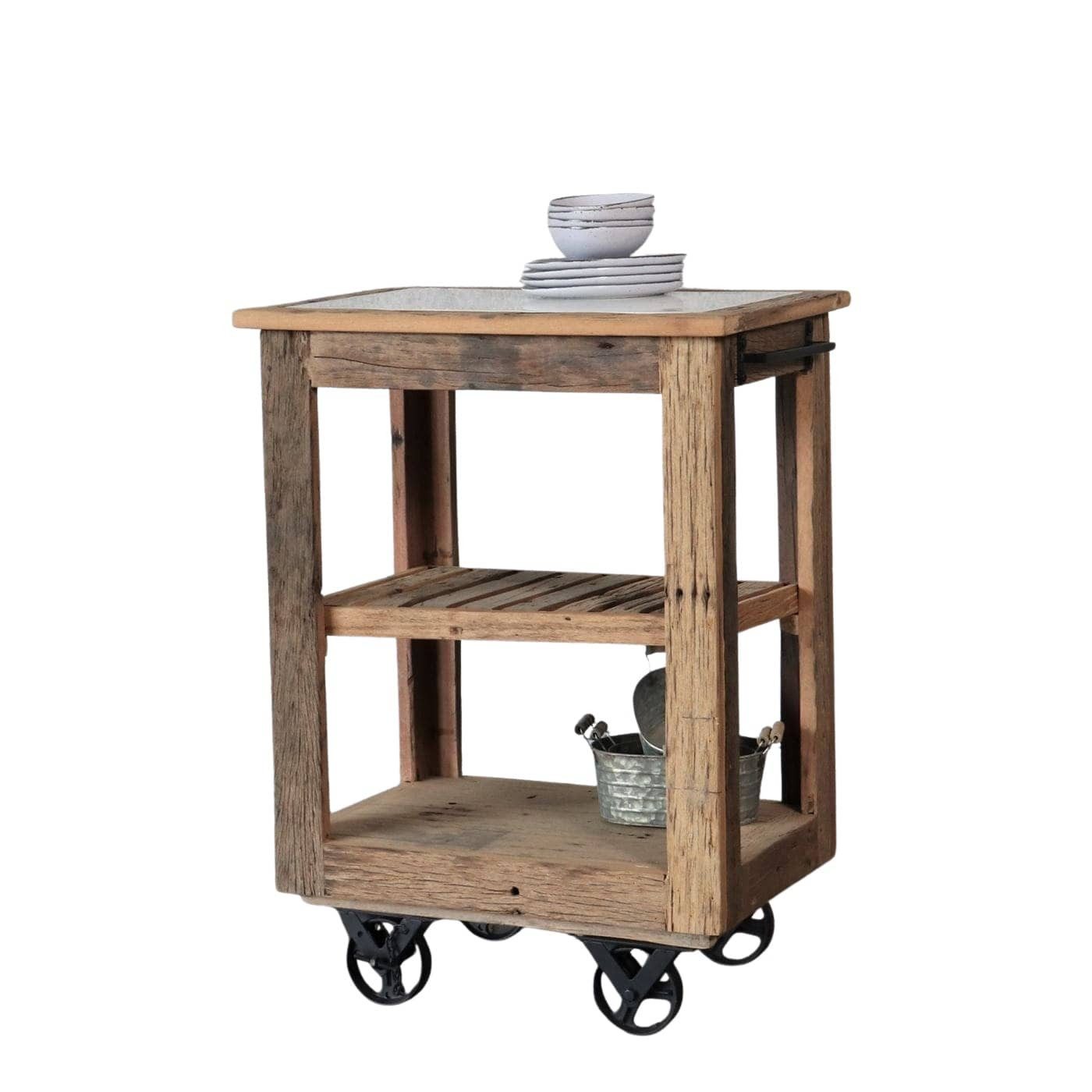 baario Küchenwagen Küchenwagen MARE rustikal Altholz, Servierwagen Marmorplatte Rollwagen