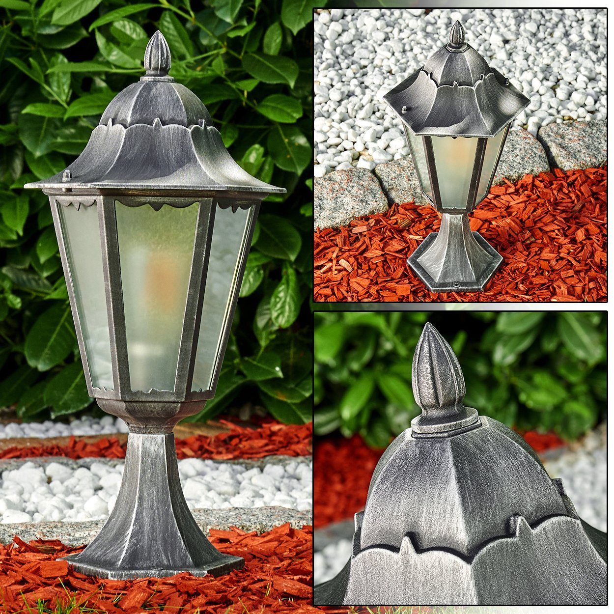 hofstein Pollerleuchte »Ganna« Außenleuchte Frost, Aluguß Schwarz/Silber, Milchglas-Scheiben, Wegeleuchte, höhenverstellbar, Retro/Vintage Gartenlampe, E27, IP44 | Pollerleuchten