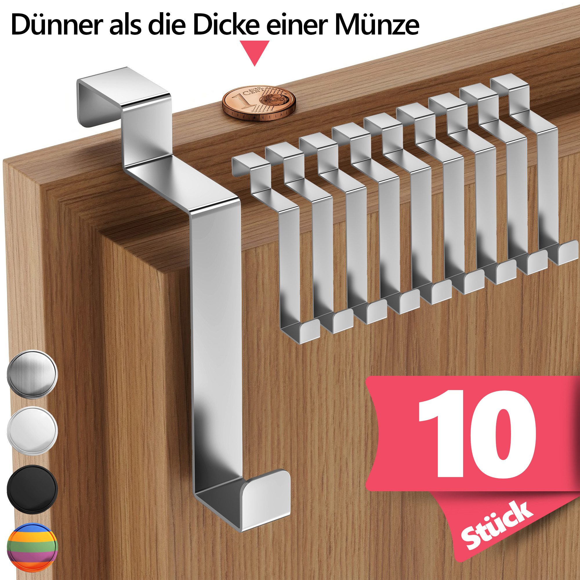 Lindenstein Türhaken Edelstahl Türhaken Innenseite, Türen, (Packung, 10-St., 10), ohne Bohren,Stabil,langlebig,rostbeständig,verformungsresistent