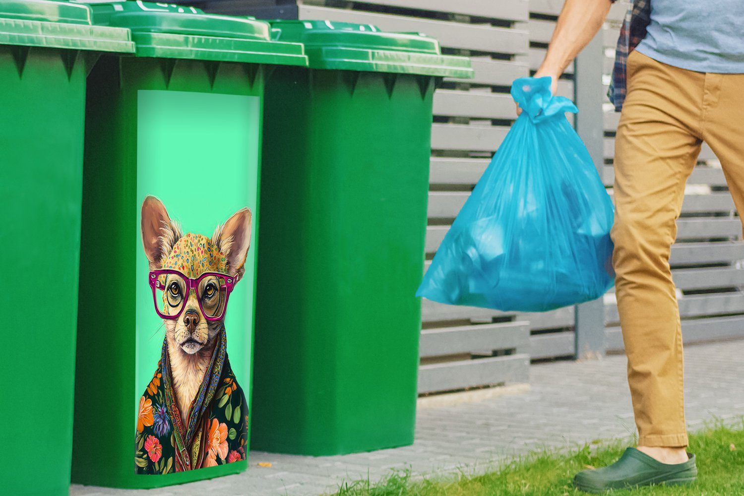 Sticker, Tier Wandsticker Blumen Hund St), Mülltonne, - Mülleimer-aufkleber, - - Container, Chihuahua Abfalbehälter MuchoWow Brille (1 -