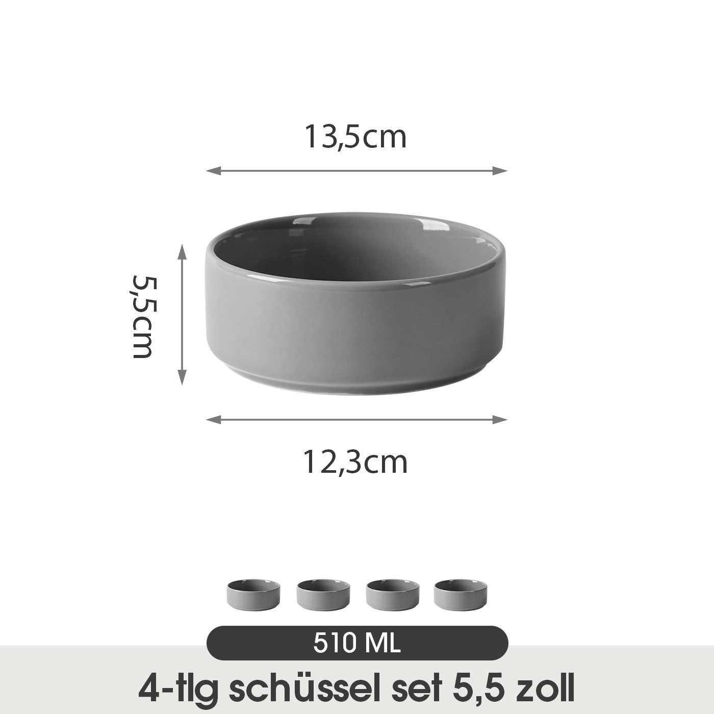 JIWOO Salatschüssel 4er Ø13,5cm, Müslischüssel Suppenschüssel Dessertschale Obstschale, Keramik, (Schüsselset, 4-tlg), Bowl Hochwertiges Schüsseln Grau Schüssel Mikrowellenofen Spülmaschine