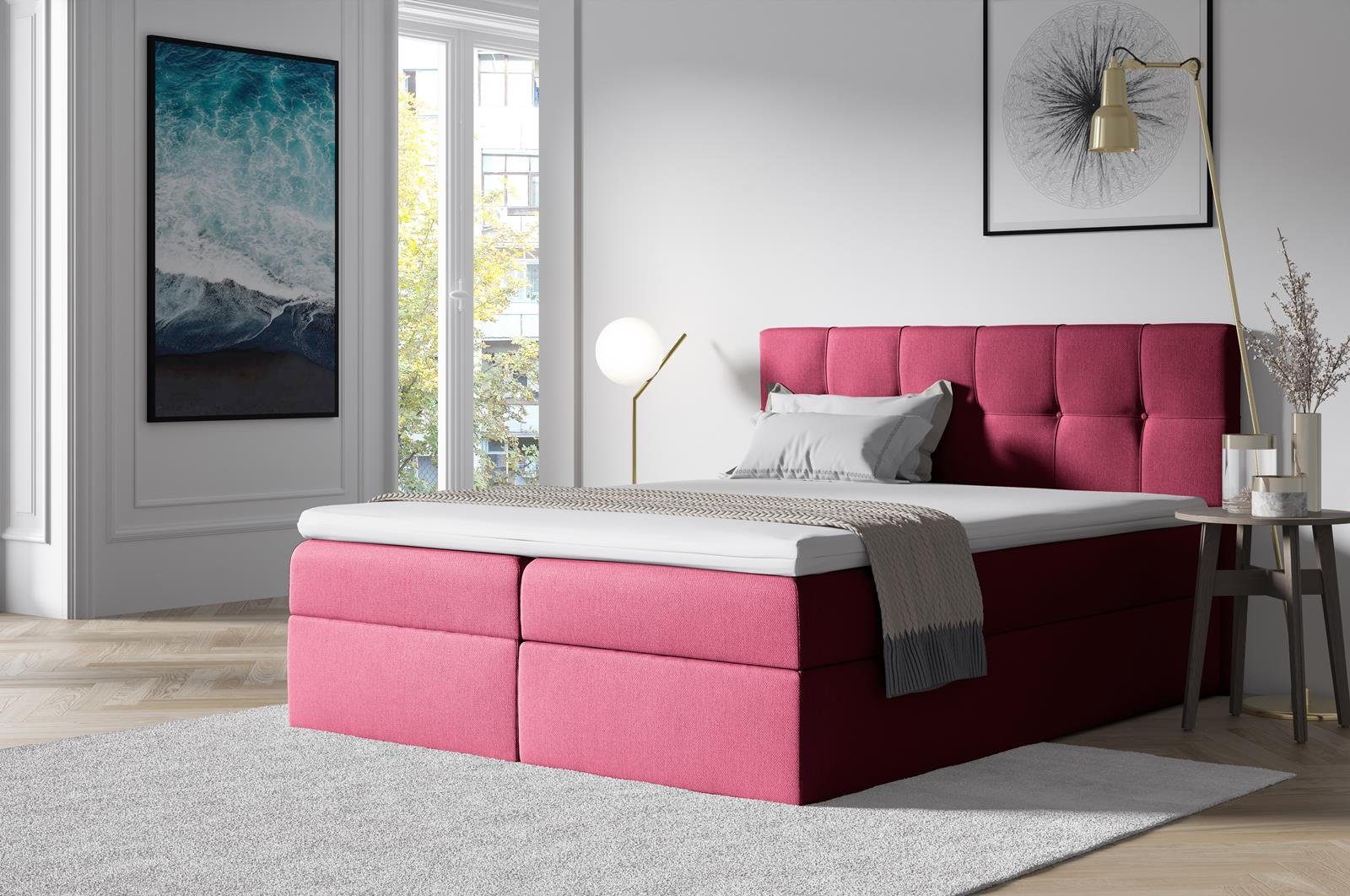 Beautysofa Boxspringbett Empori (Topper, Matratze und 2 Bettkästen + Federautomat), Velours Bett mit Kopfteil Himbeere (soro 60)