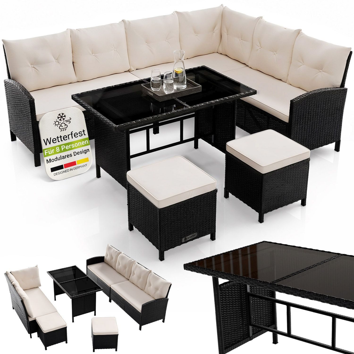 Juskys Gartenlounge-Set Manacor, (Gartenlounge), Polyrattan Gartenmöbel-Set mit Garten-Sofa, Garten-Tisch und 2 Hocker