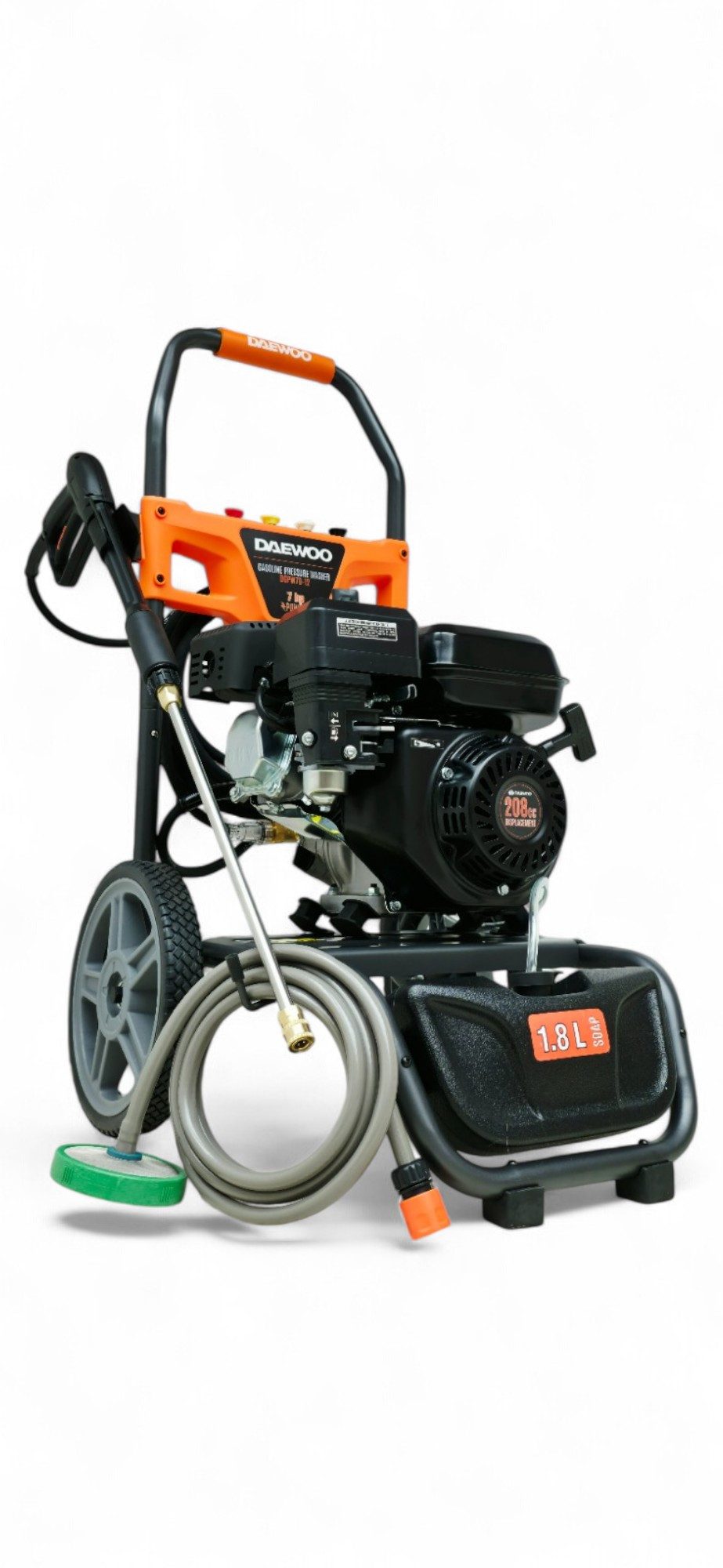 DeTec. Hochdruckreiniger Daewoo Benzin 207 bar, 12 m Hochdruckschlauch, 7PS Flächenreiniger, Druck max: 207 bar, Fördermenge max: 600 l/h, Gewerbe- Industriereiniger mit Messing Pumpenkopf