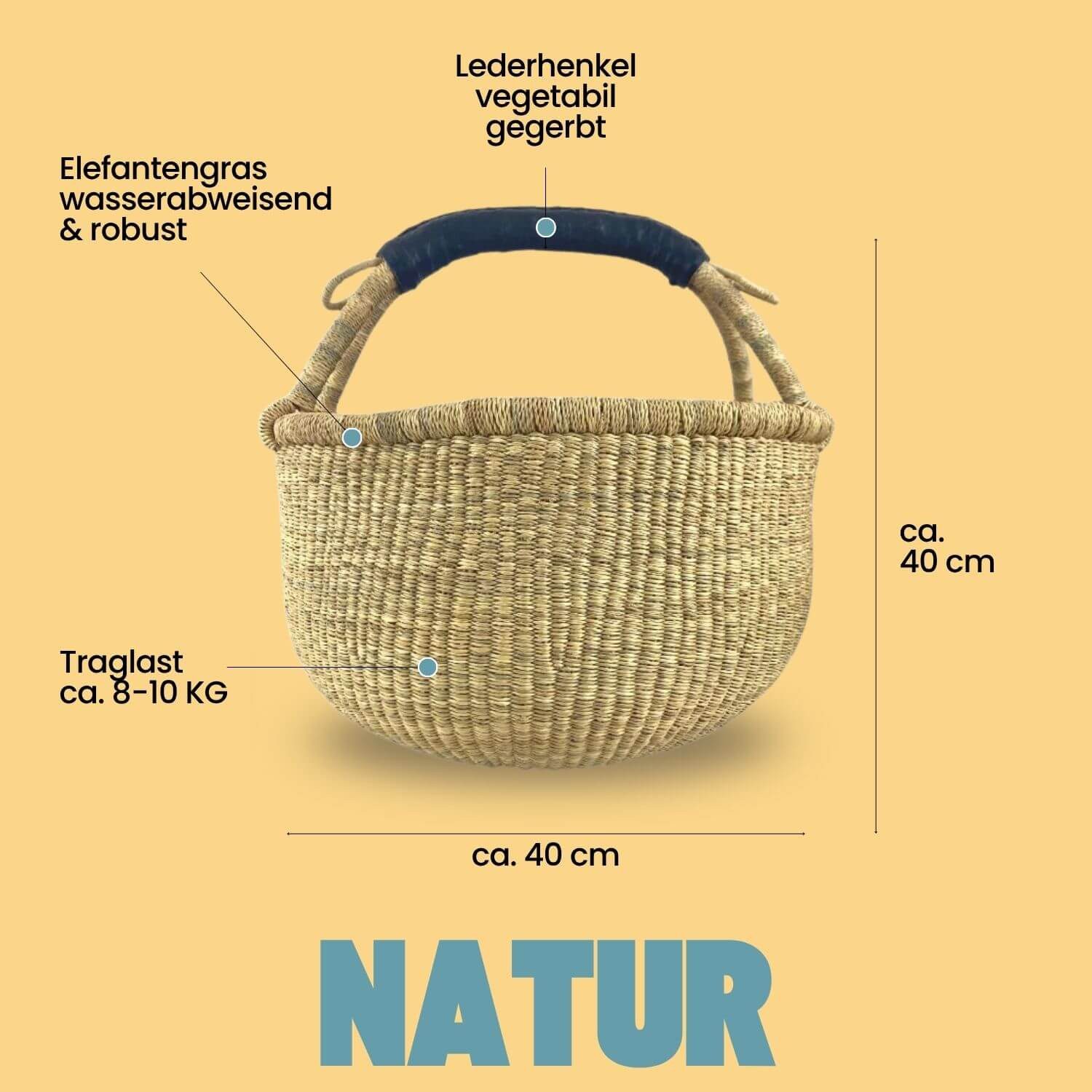 Einkaufskorb Natural, Handgeflochten aus Elefantengras & Ziegenleder