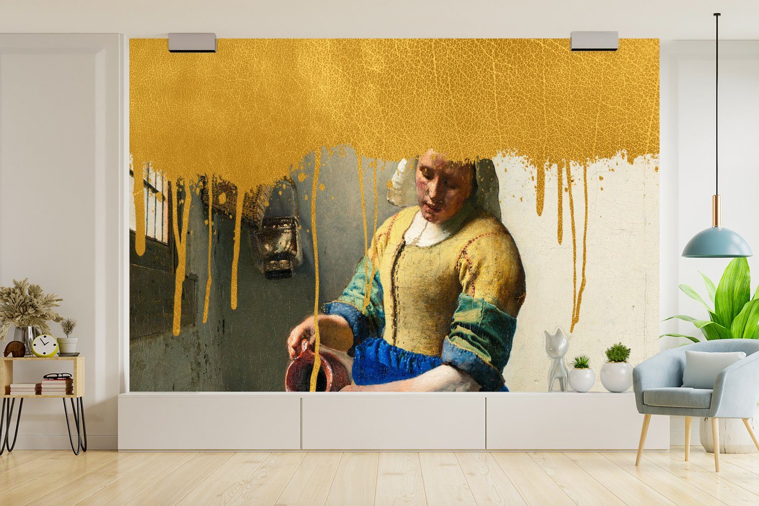 MuchoWow Fototapete Milchmädchen für - Vermeer, Schlafzimmer, Tapete - Wohnzimmer, bedruckt, Kinderzimmer, Matt, St), Gold Wallpaper (6 Vinyl