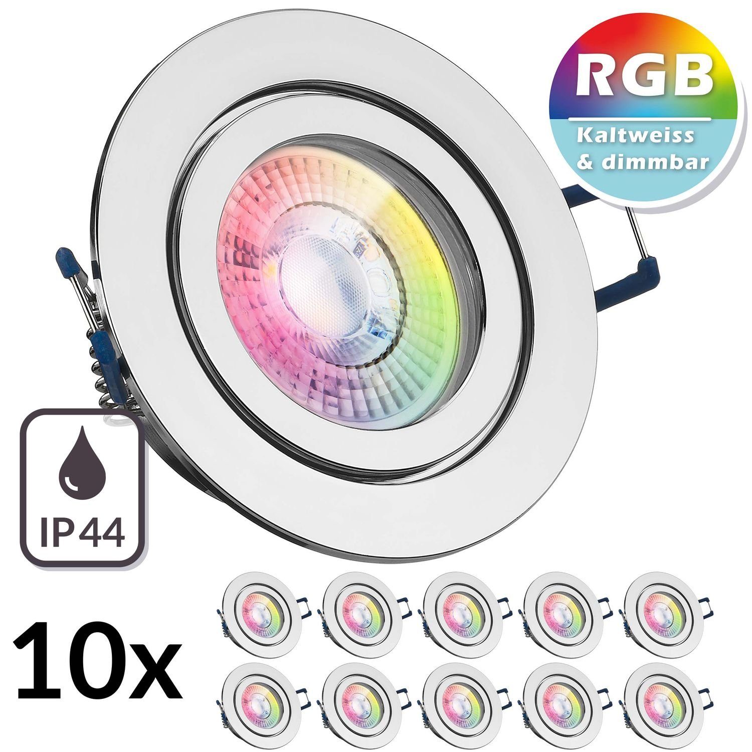 LEDANDO LED Einbaustrahler 10er IP44 RGB LED Einbaustrahler Set extra flach in chrom mit 3W LED v