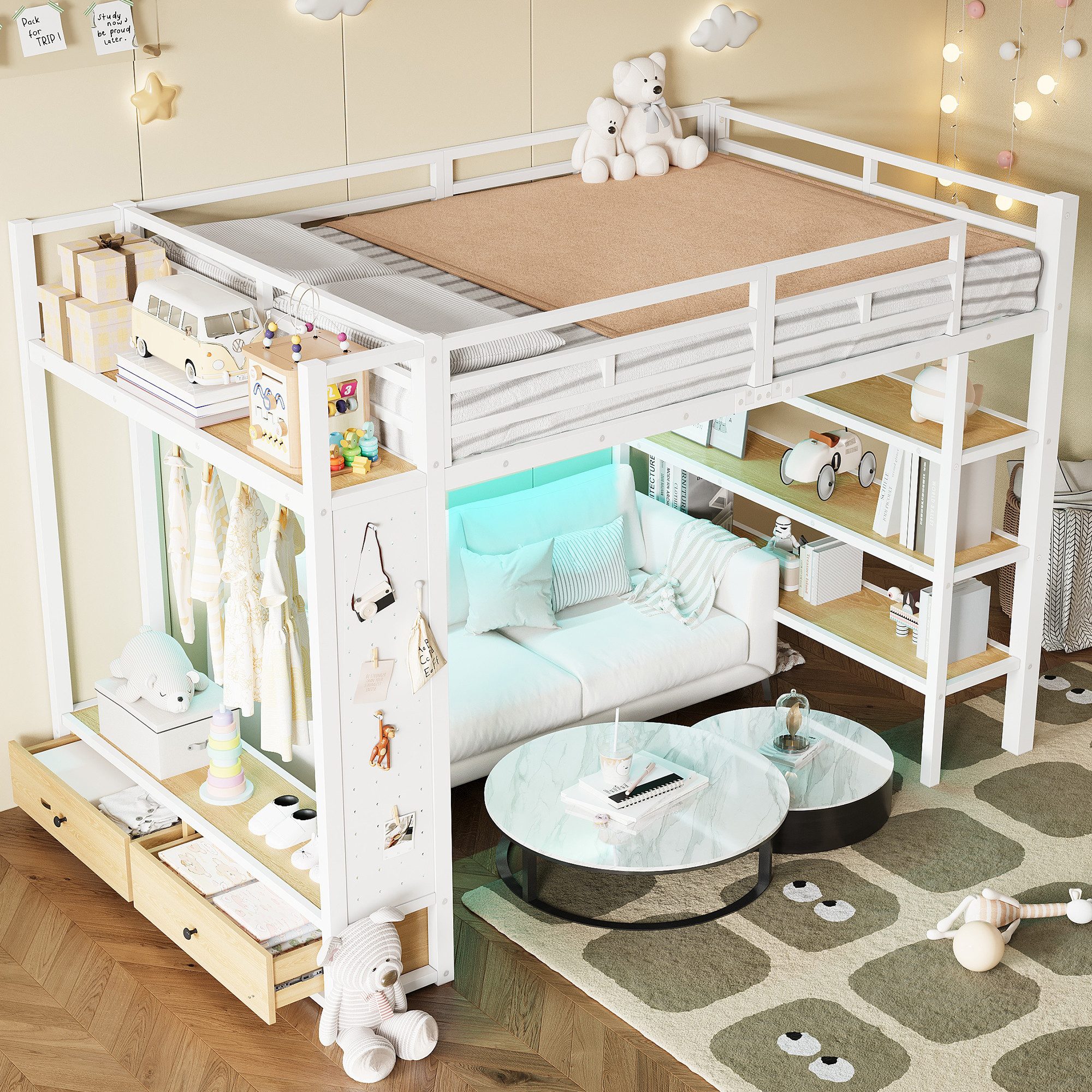 Merax Hochbett 140x200cm mit LED-Beleuchtung (Jugendbett Metallbett Loftbett, 1-St) Kinderbett mit offenem Kleiderschrank,Ablagefächern,Lochwand,Stauraum