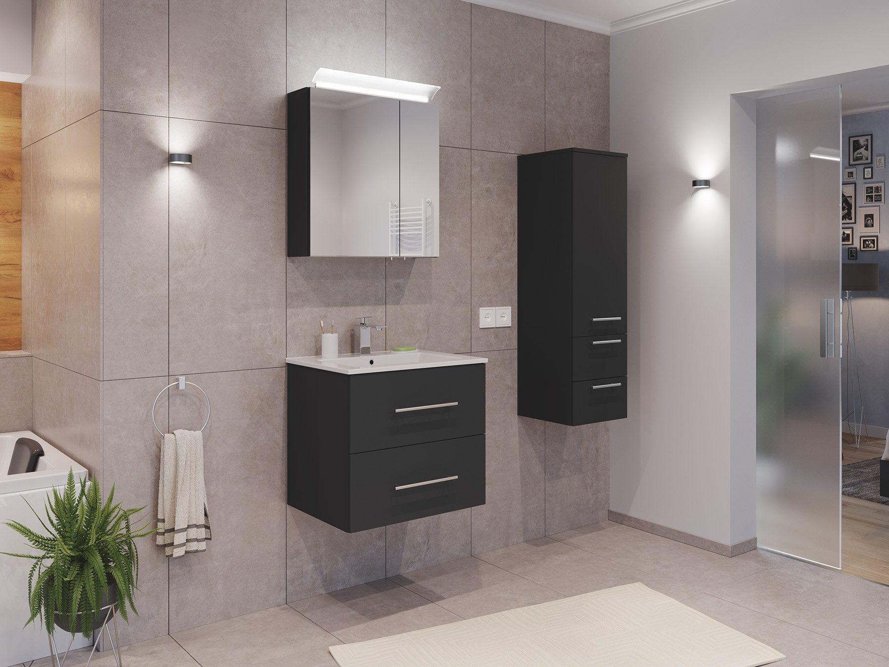Magnolia Home Waschtisch Badmöbel Set Firenze 60 3tlg. Spiegelschrank & Seitenschrank grafit