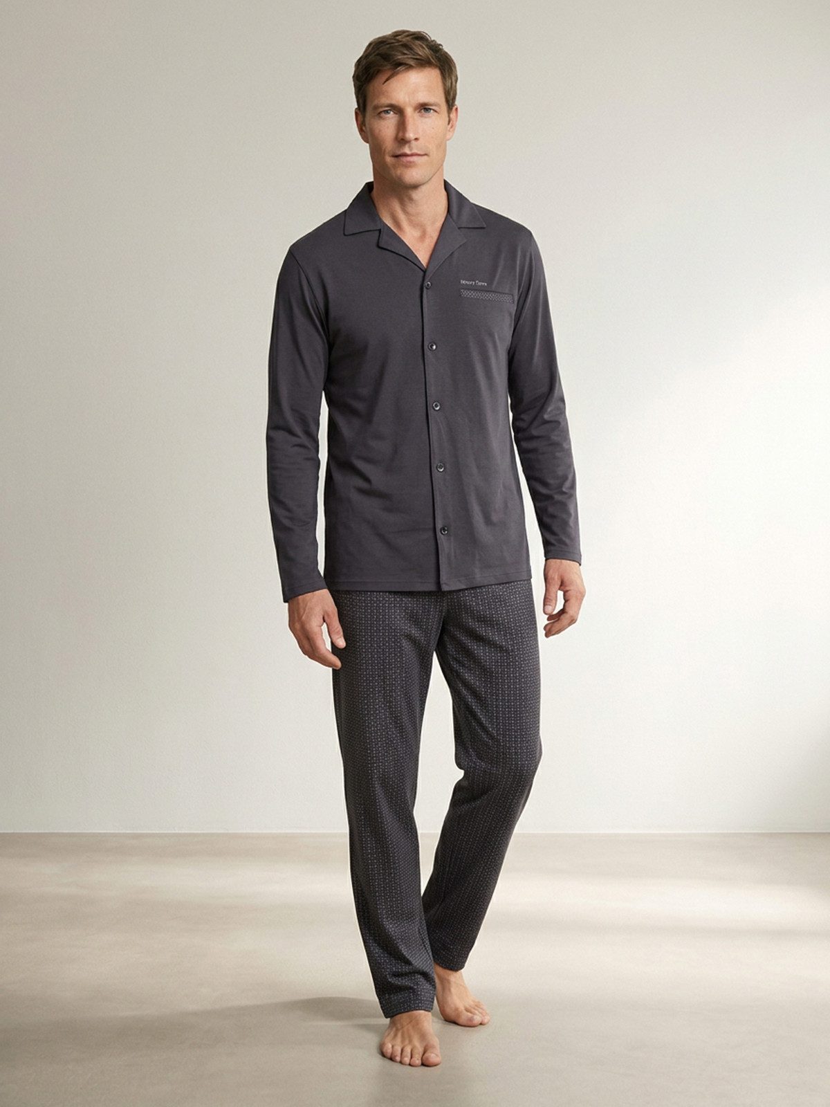 Henry Terre Pyjama Pyjama Set Langarm - Kent Oberteil uni Hose gemustert günstig online kaufen