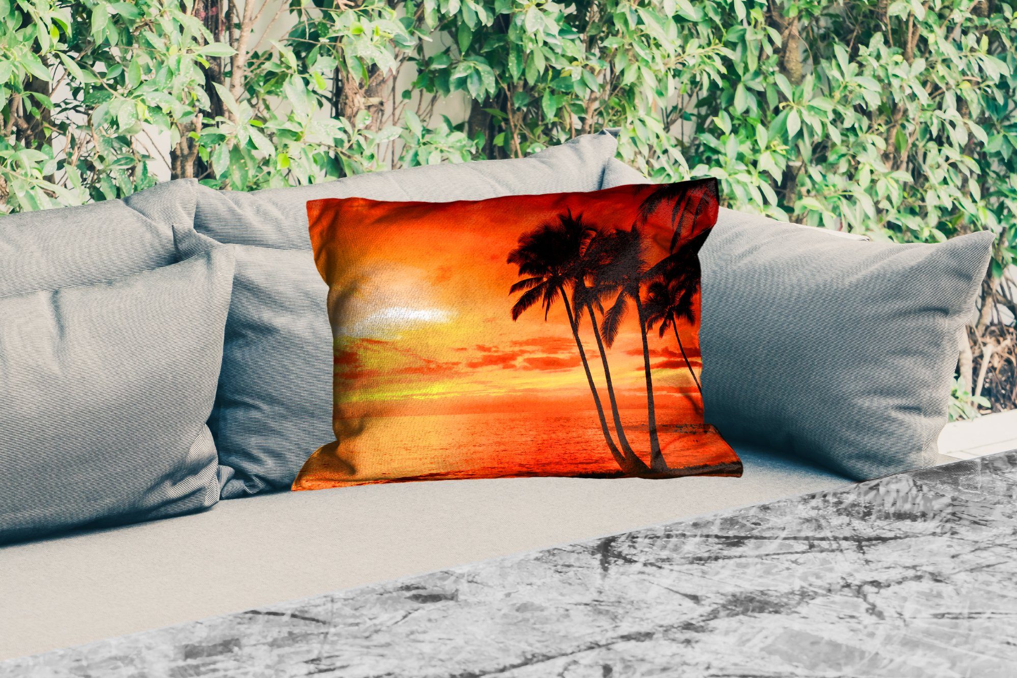 Tropisch - Dekokissen Sonnenuntergang Meer, - Kissenhülle Polyester, - - Orange Outdoor-Dekorationskissen, MuchoWow Palme Dekokissenbezug,