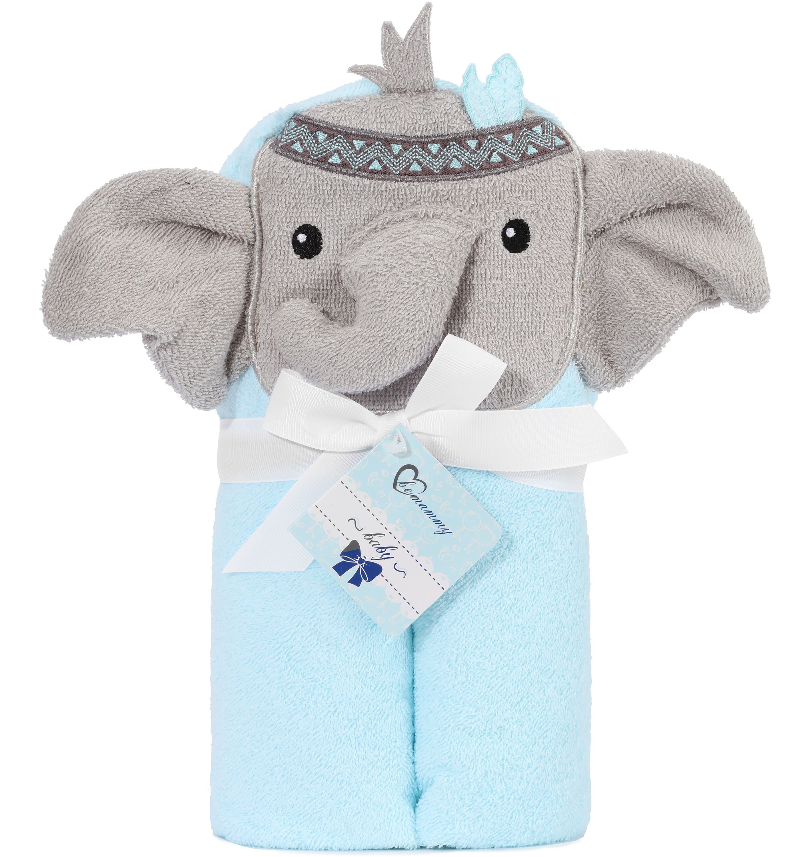 Be Mammy Handtücher Kapuzenhandtuch Babyhandtuch aus Baumwolle 95cm x 95cm BE20-272-BBL, Frottee (1-St) Blau - Elefant