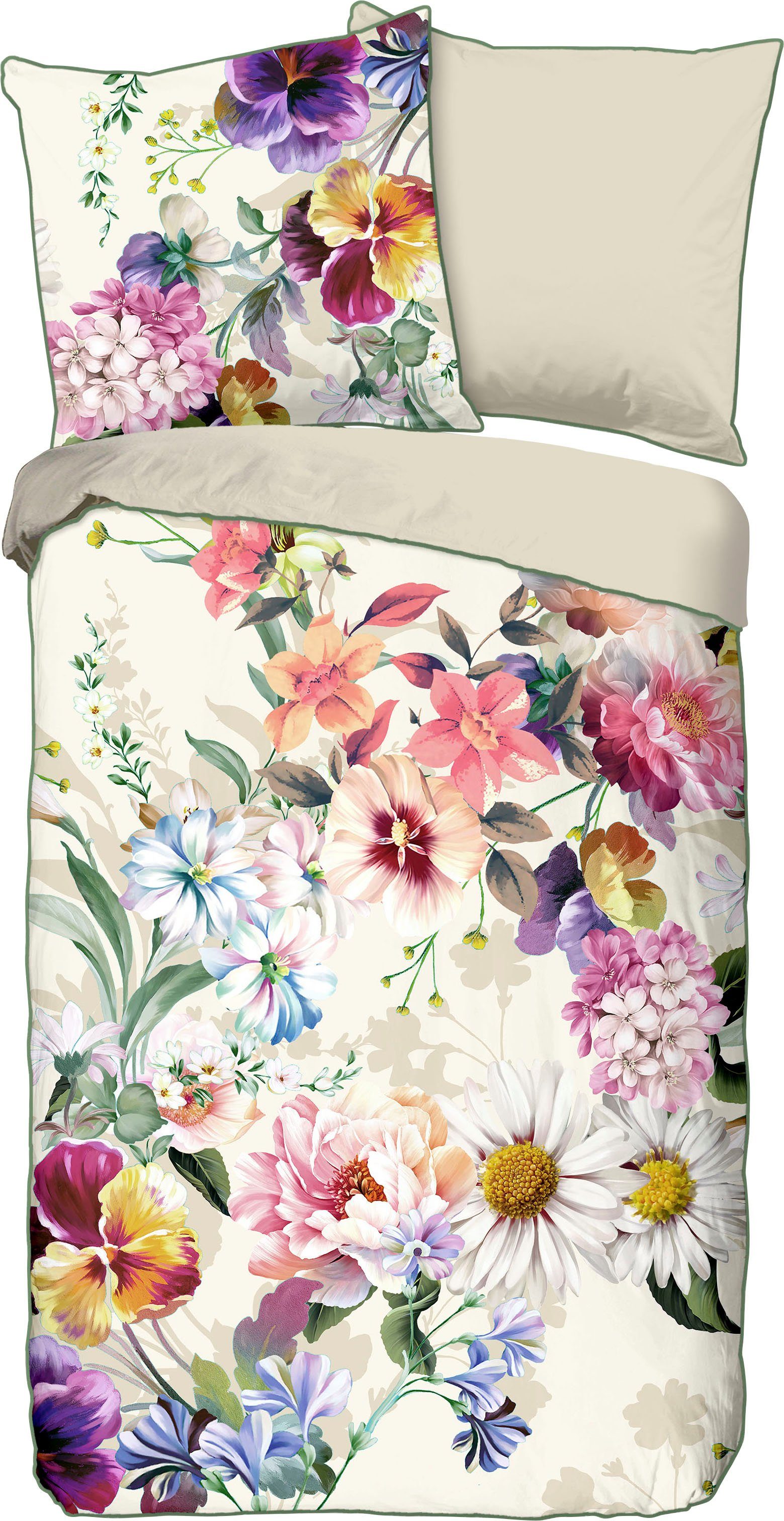 Descanso Wendebettwäsche Novara, Satin (Bio-Baumwolle), 2 teilig, Baumwolle, Satin, 135x200, Biese, Reißverschluss, Wende, Blumen, Natur