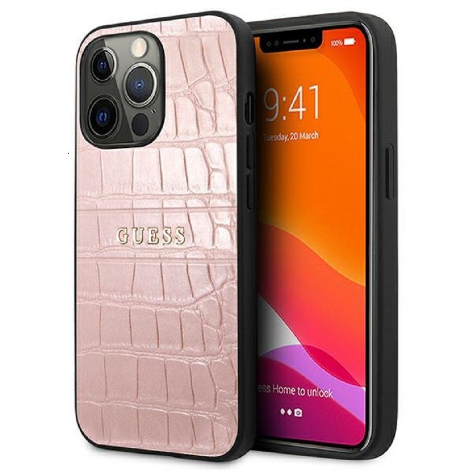 Guess Handyhülle Case iPhone 13 Pro Krokodiloptik Kunstleder rosa pink 6,1 Zoll, Kantenschutz