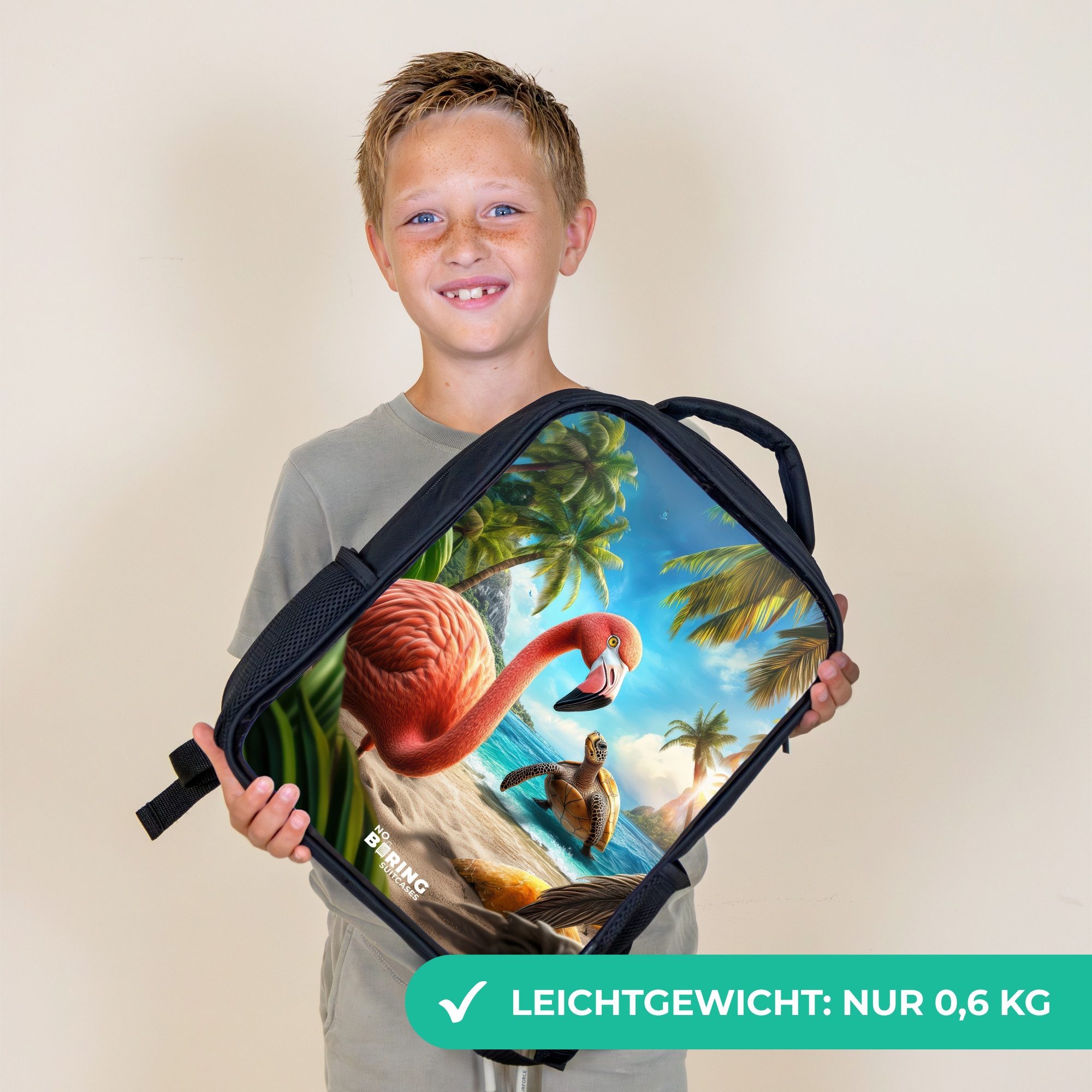 NoBoringSuitcases.com© Rucksack Flamingo und Schildkröte am tropischen Strand, Kinderrucksack Schwarz, Schulrucksack, Freizeitrucksack Jungen Mädchen