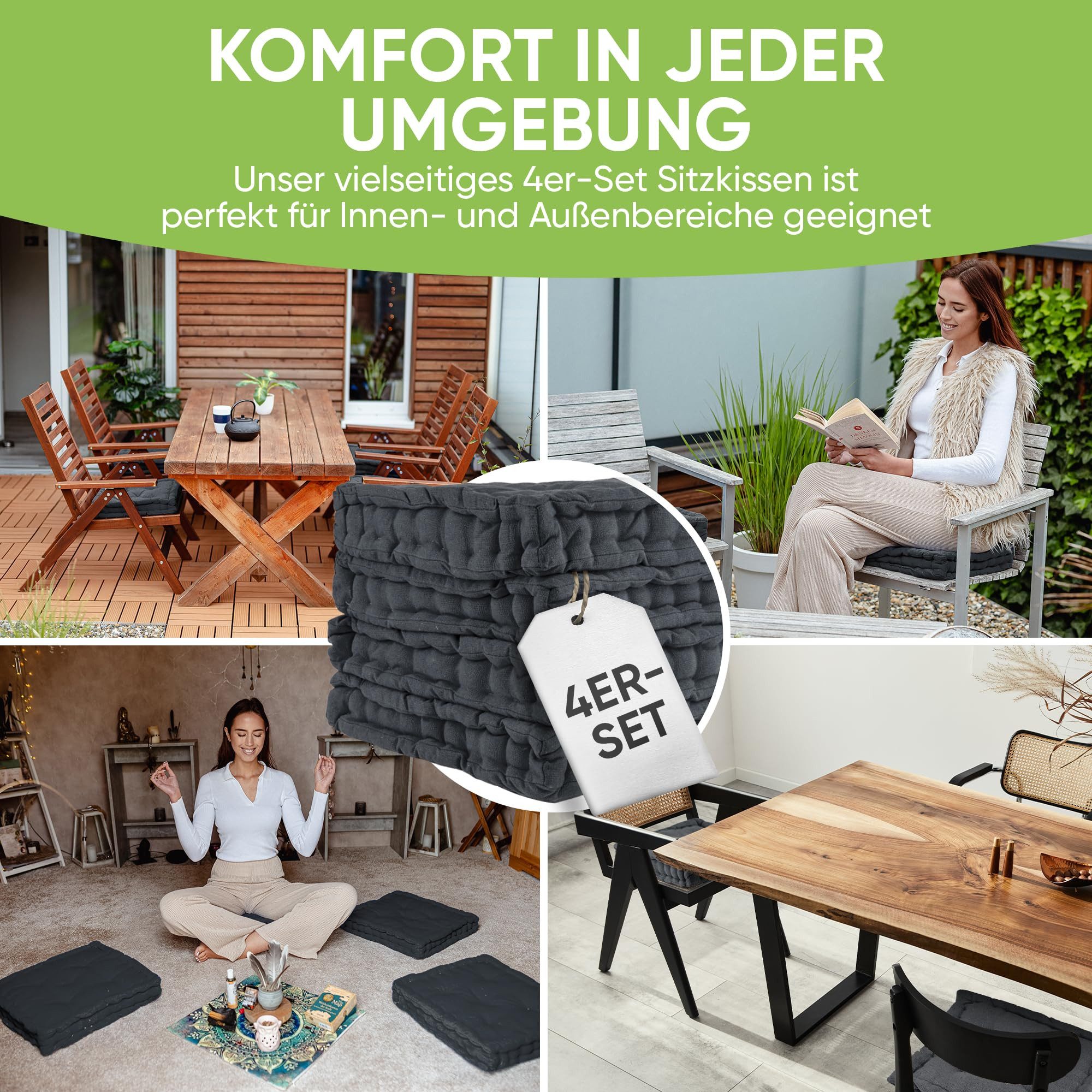 Gräfenstayn Sitzkissen 4er Set 40x40 cm mit 8 cm Polsterung aus 100 % Baumwolle -, robustes Sitzkissen für Indoor & Outdoor, bequemes Bodenkissen – Bild 4 von 5