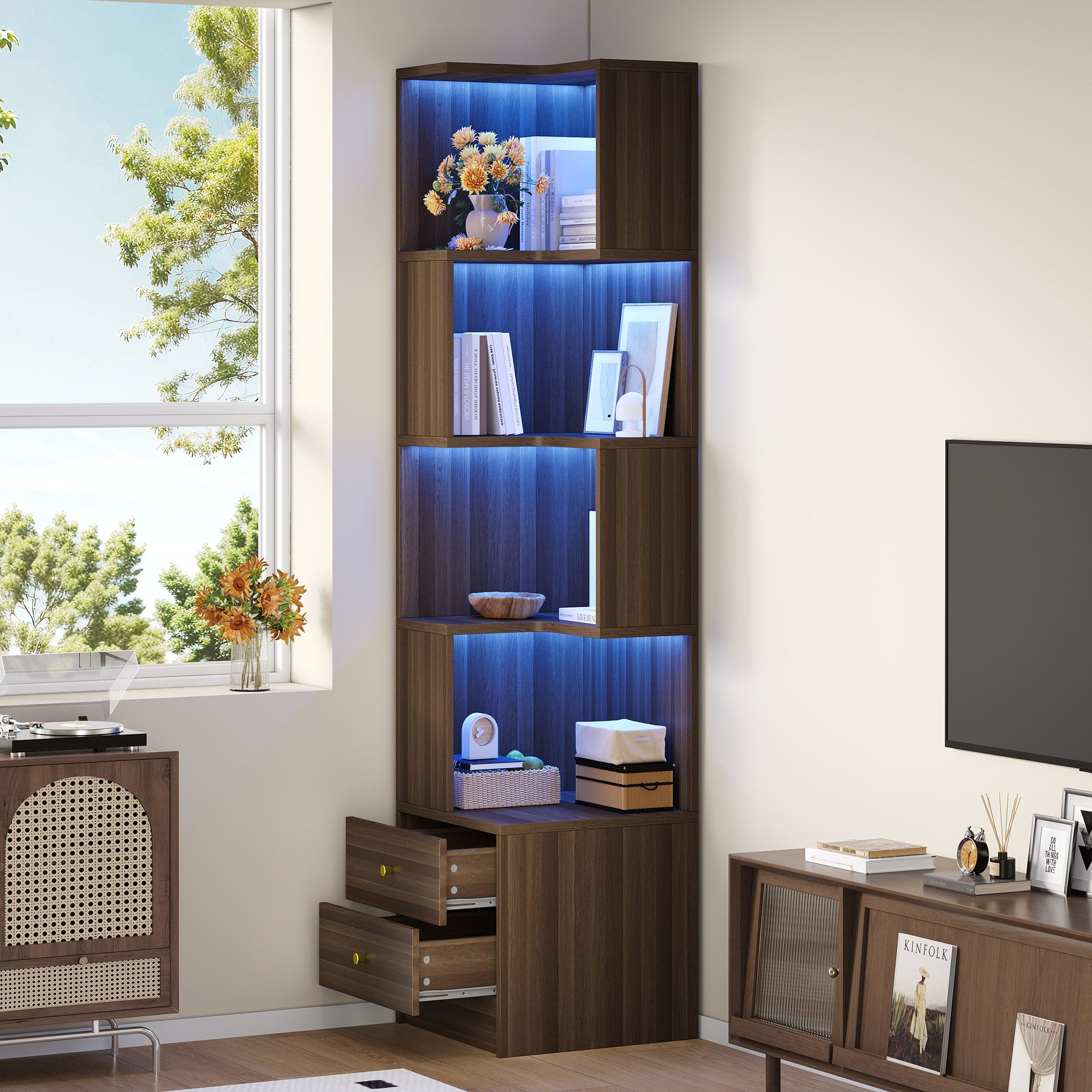 STILVORA Hochschrank Vitrine mit LED-Beleuchtung Highboard mit großem Stauraum (Multifunktionsschrank mit Eckdesign und Bücherregal, MDF-Material, offene Fächer, Schubladen, Farbwechsel-Licht) Für Wohnzimmer, Arbeitszimmer, Büro