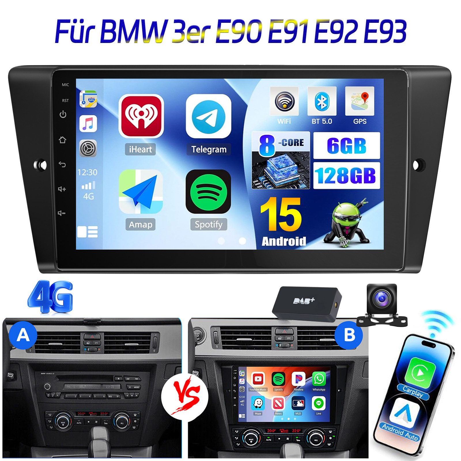 ESSGOO 6+128G Für BMW 3er E90 E91 E92 E93 Android 15 Carplay GPS Navi WIFI Autoradio (RDS, 6GB+128GB, FM, AM, DAB+ (optional), Apple Carplay & Android Auto,Touchscreen Bluetooth,RDS)