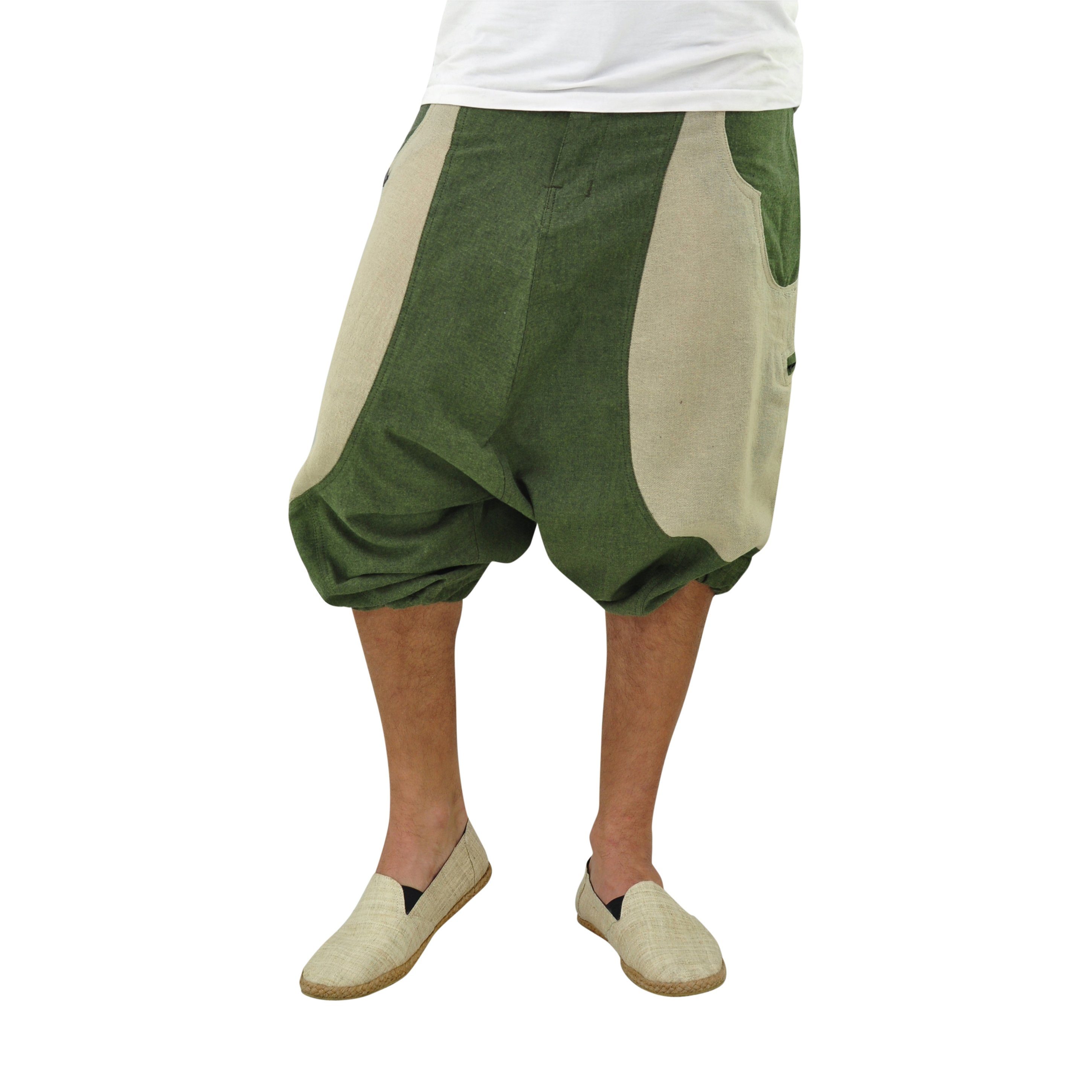 & grün Shorts Goa Unisex, Haremshose virblatt Haremshose kurze 2 kurz mitteltief Schritt, Farbblock-Design, Reißverschlusstaschen fallender Herren Damen, Hose