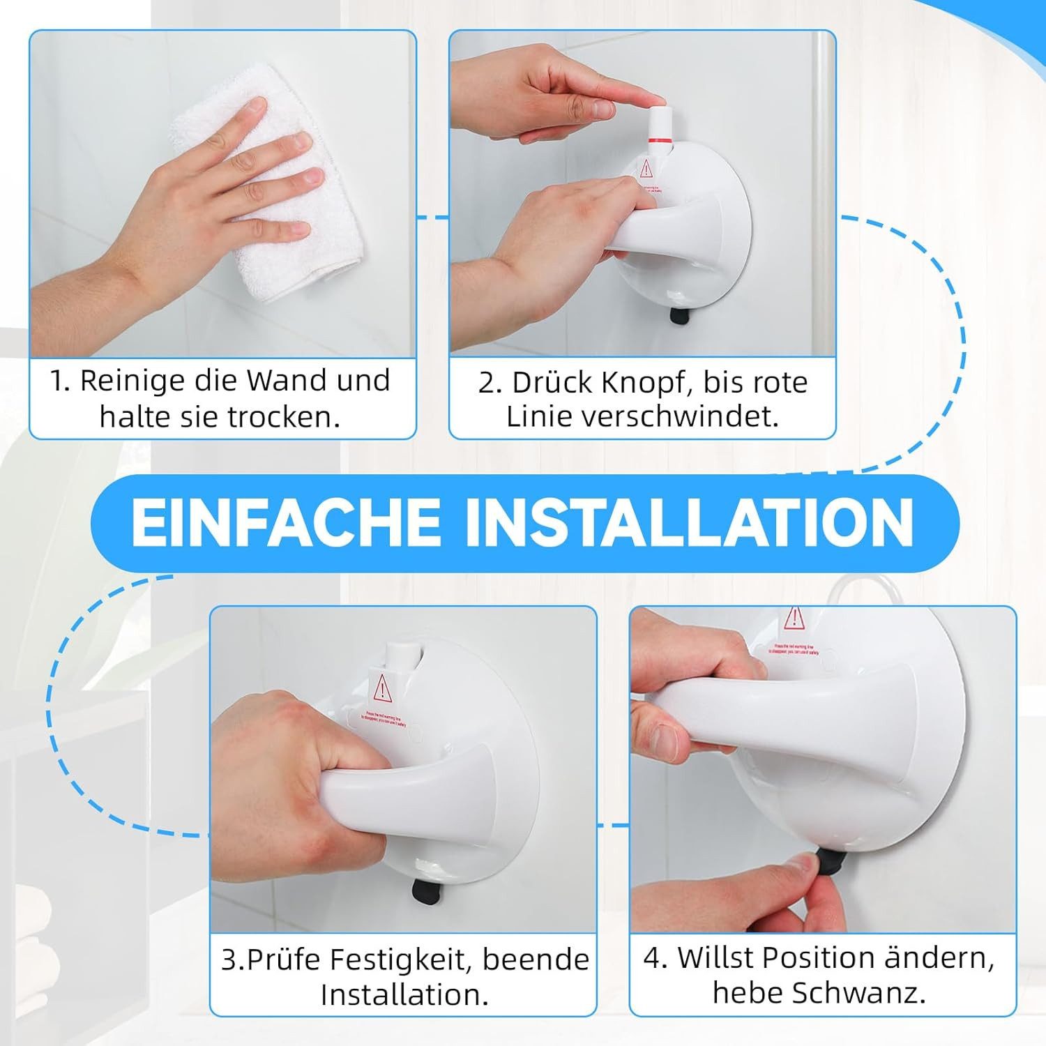 FELIXLEO Haltegriff Haltegriff Dusche Ohne Bohren 2er Set Duschgriff Saugnapf Weiß – Bild 5 von 5