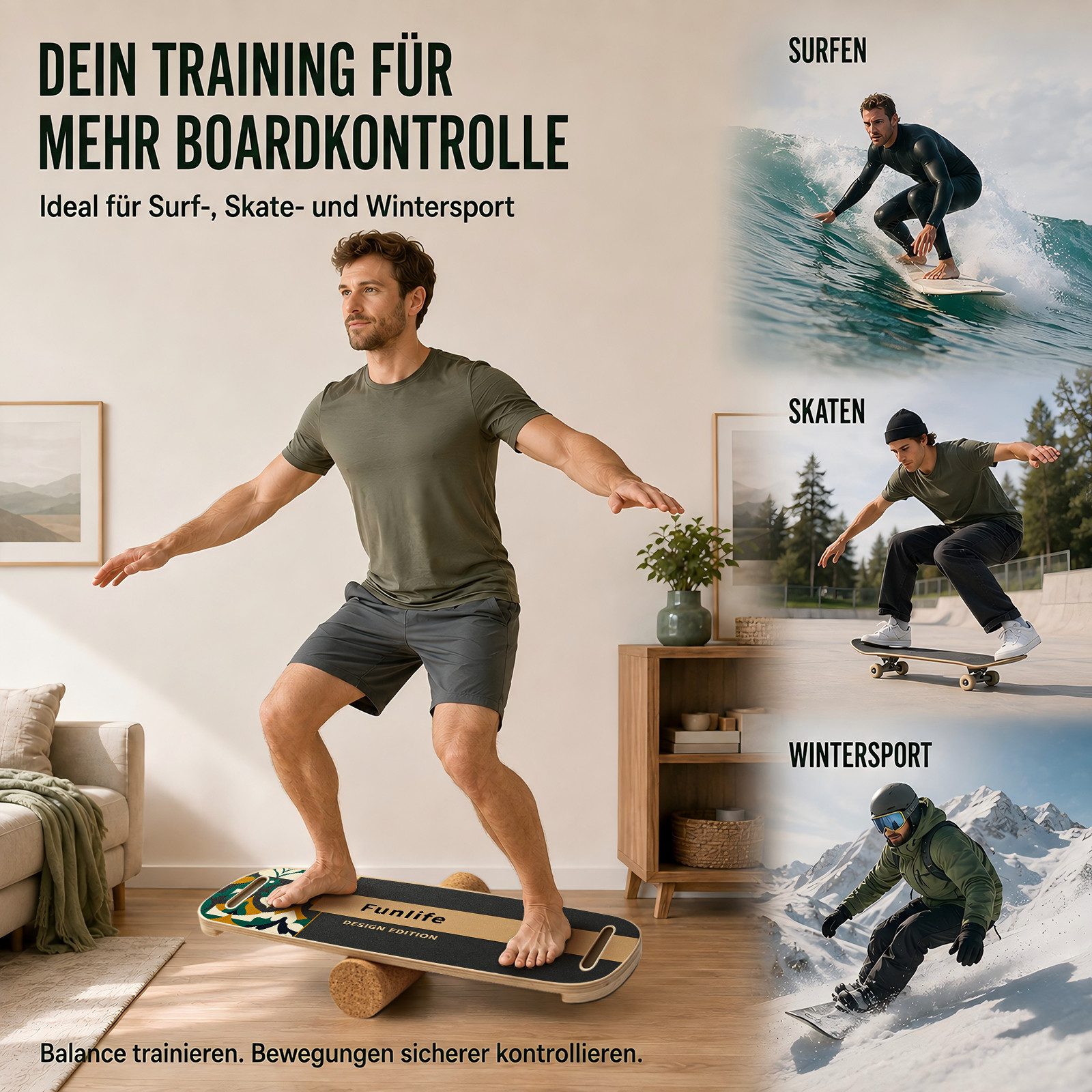 FunLife Balanceboard MOVE Design-Edition, 3-stufiges System, 18 mm Mehrschichtholz, mit Rolle, bis 150 kg