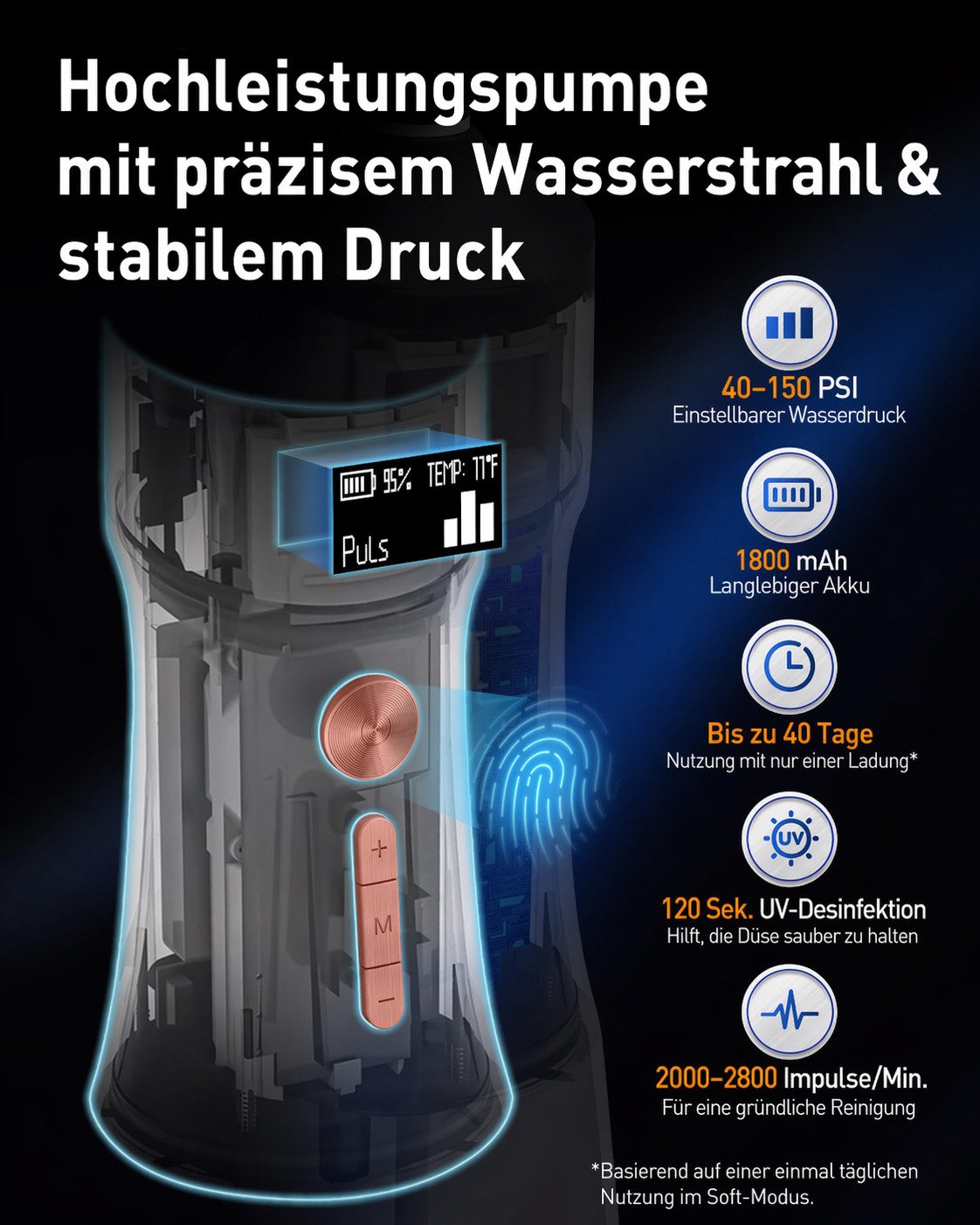 Futicare Munddusche kabellos, 335 ml Wassertank, 4 Modi, 3 Druckstufen, 6 Aufsätze, OLED-Display, UVC-Licht, IPX7, Midnight Black