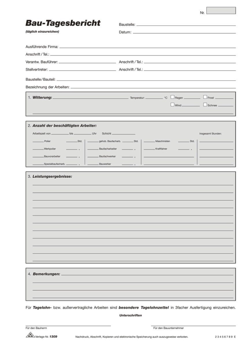 Formularblock Bautageblock A4 3x40 Blatt selbstdurchschreibend.