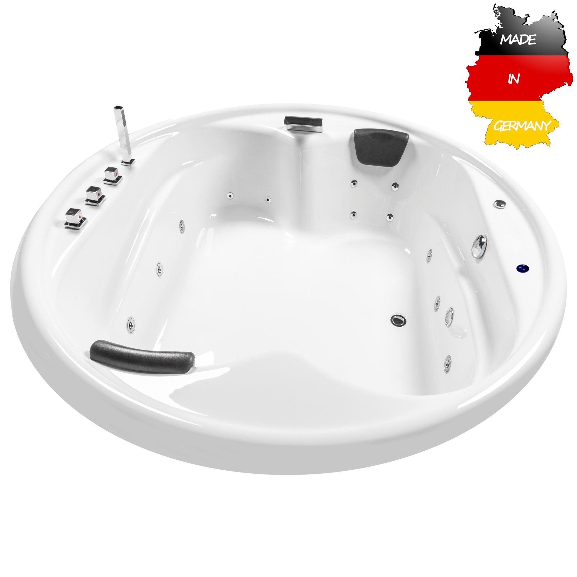 Basera® Whirlpool-Badewanne BASIC Indoor Podest-Whirlpool Badewanne XXL Gomera Rund 182 x 182 cm, (Komplett-Set), mit 18 Massagedüsen, Wasserfall, LED