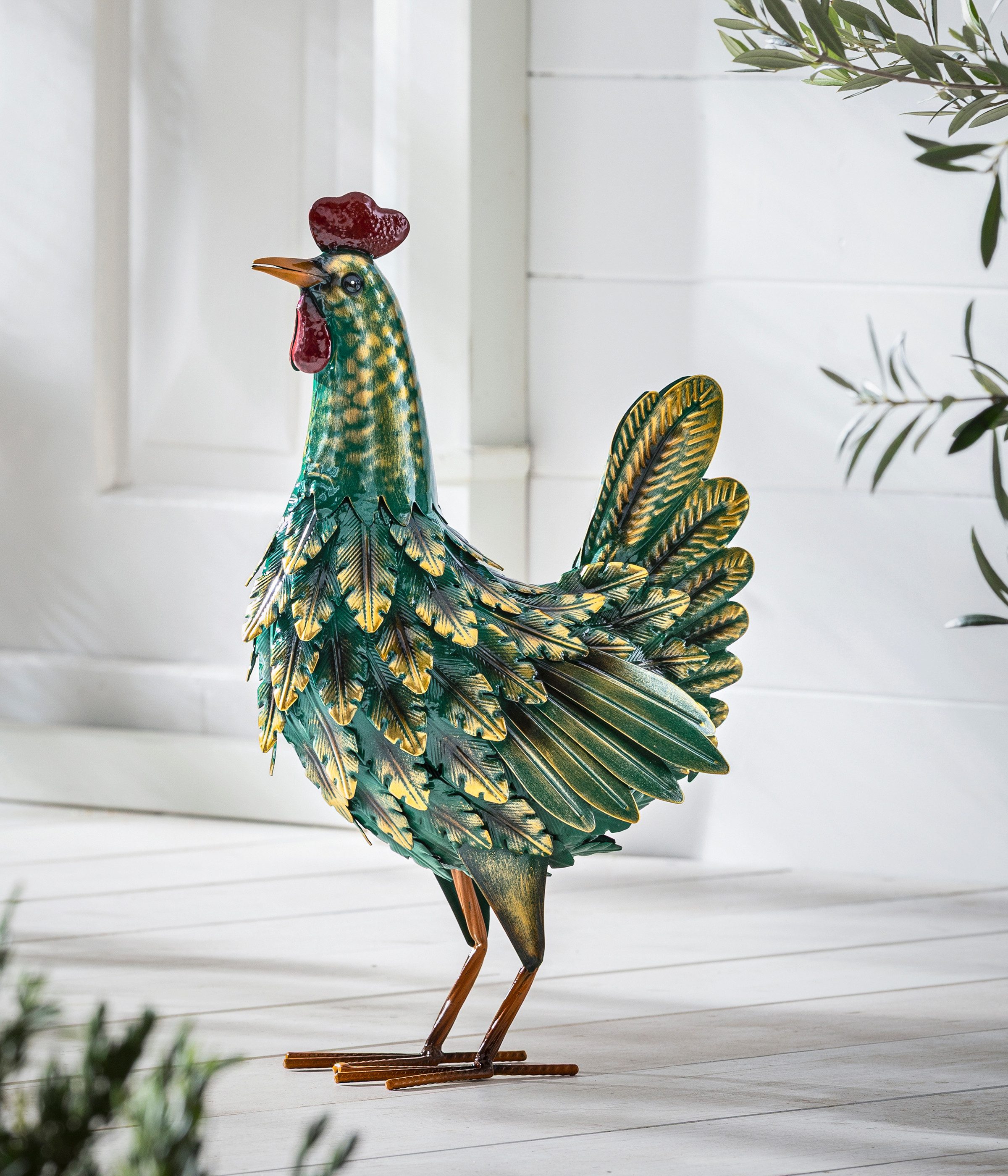 Dehner Gartenfigur Dekofigur Hahn / Huhn, handgefertigt, Eisen, grün / gelb, kunstvolle detaillierte Garten-Dekoration, frostbeständig