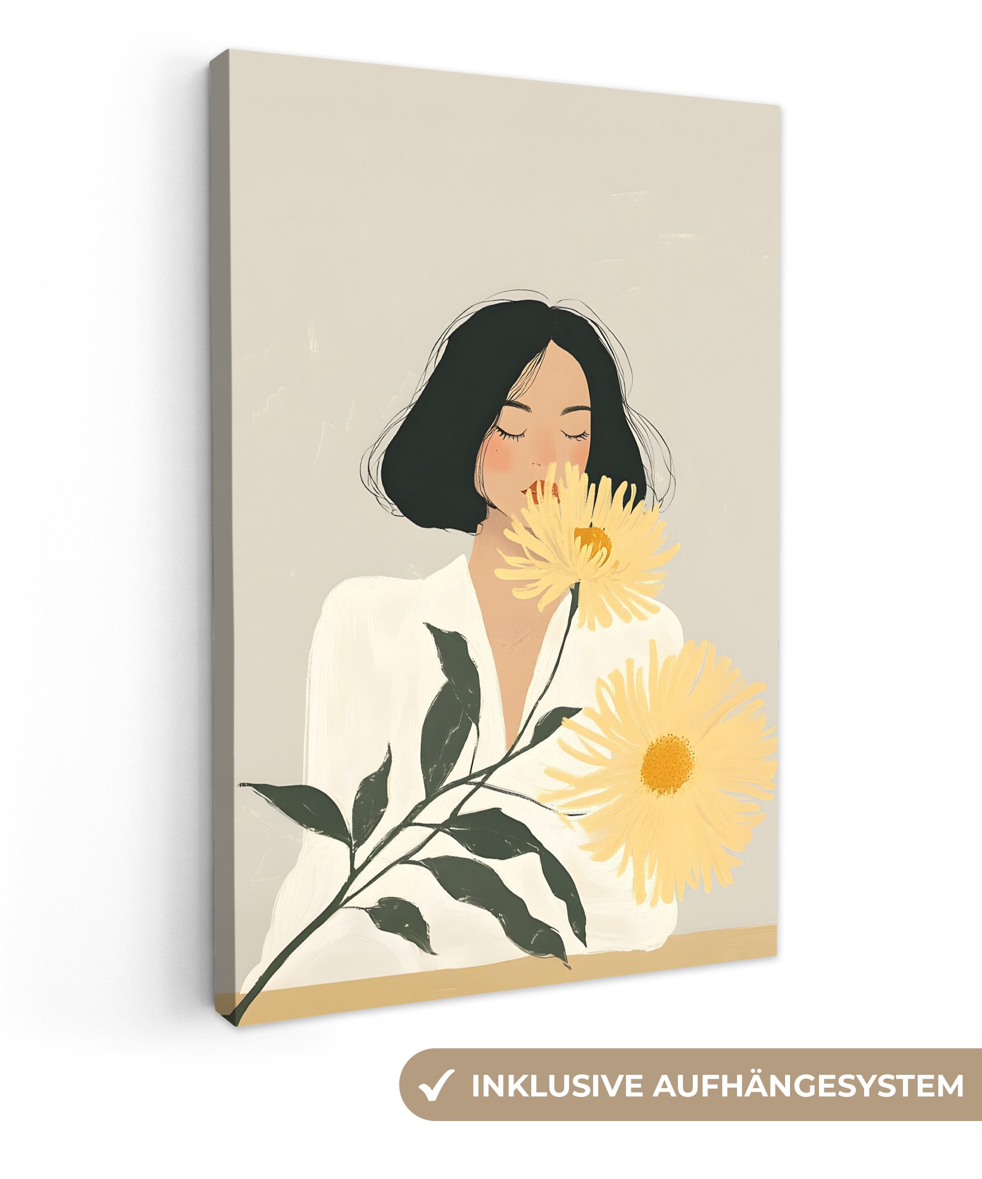 Leinwandbild Frau - Blume - Gelb - Minimalistisch