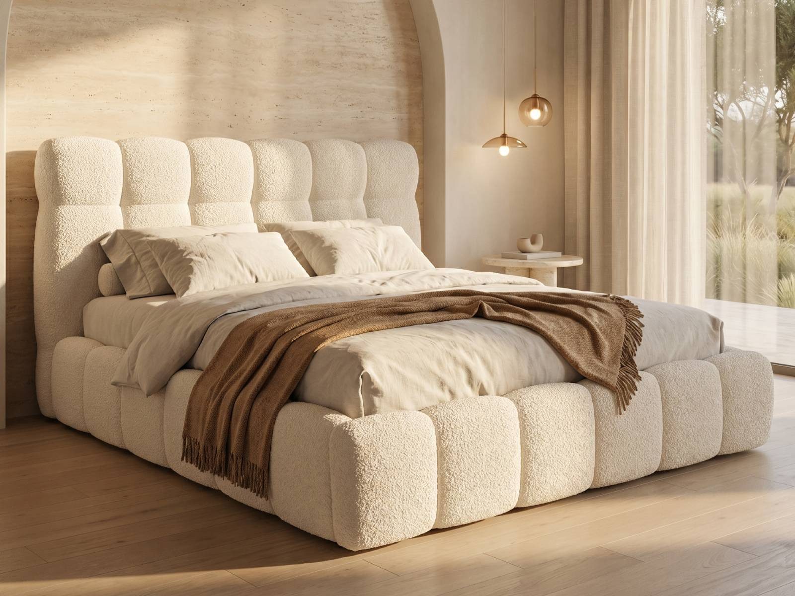 yourhouse24 Polsterbett Design-Bett im Cloud-Look – Voluminöse Steppung in Teddy-Bouclé, Bubble-Optik & Japandi