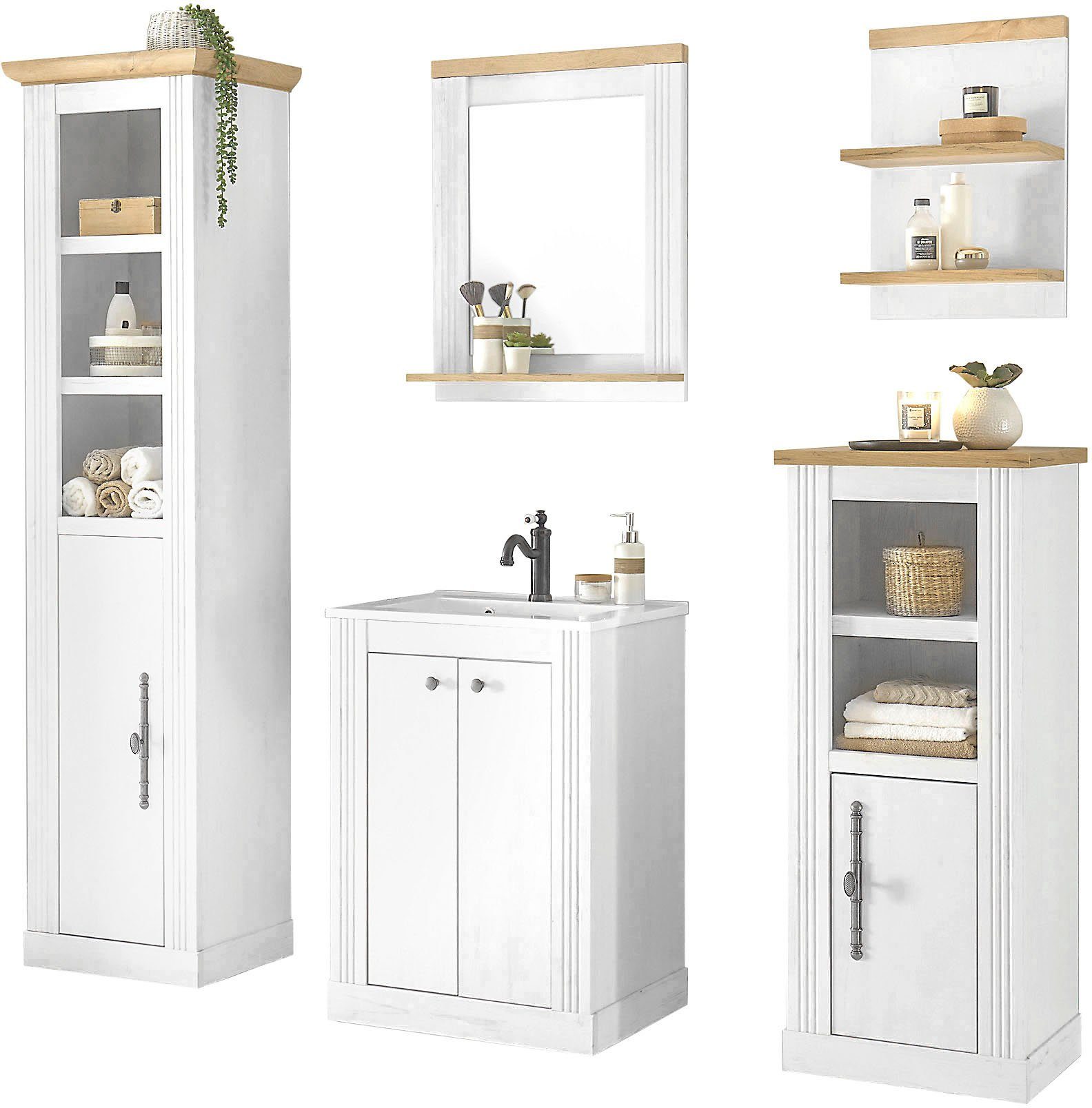 OTTO home Badmöbel-Set WESTMINSTER, Bad im Landhausstil, 5-teiliges Badezimmer, (5-St), Waschtisch, Spiegel, Midischrank, Regal, Hochschrank, Breite 200 cm