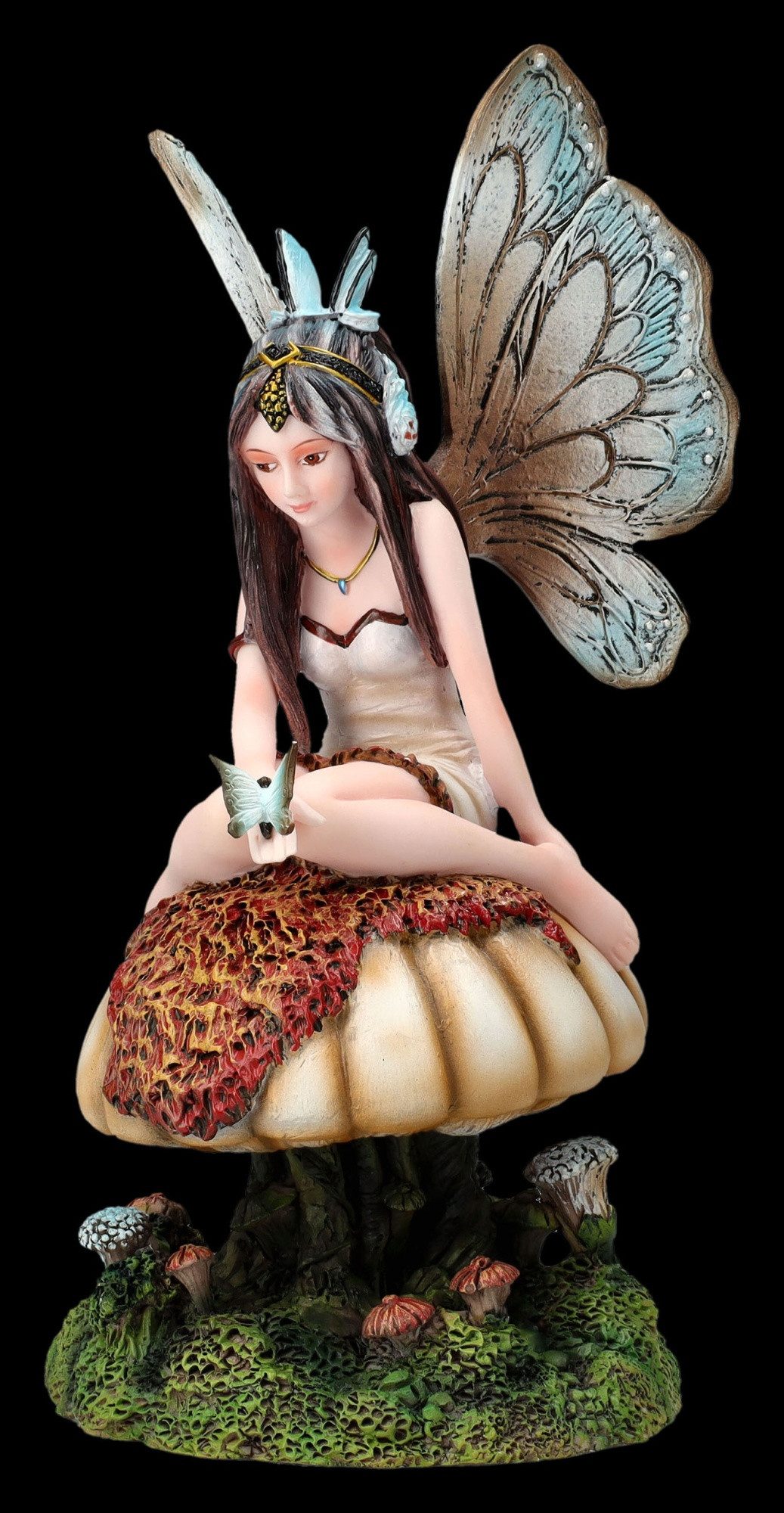 Figuren Shop GmbH Fantasy-Figur Elfen Figur - Schmetterlings-Fee auf Pilz - Fantasy Deko Fee magische