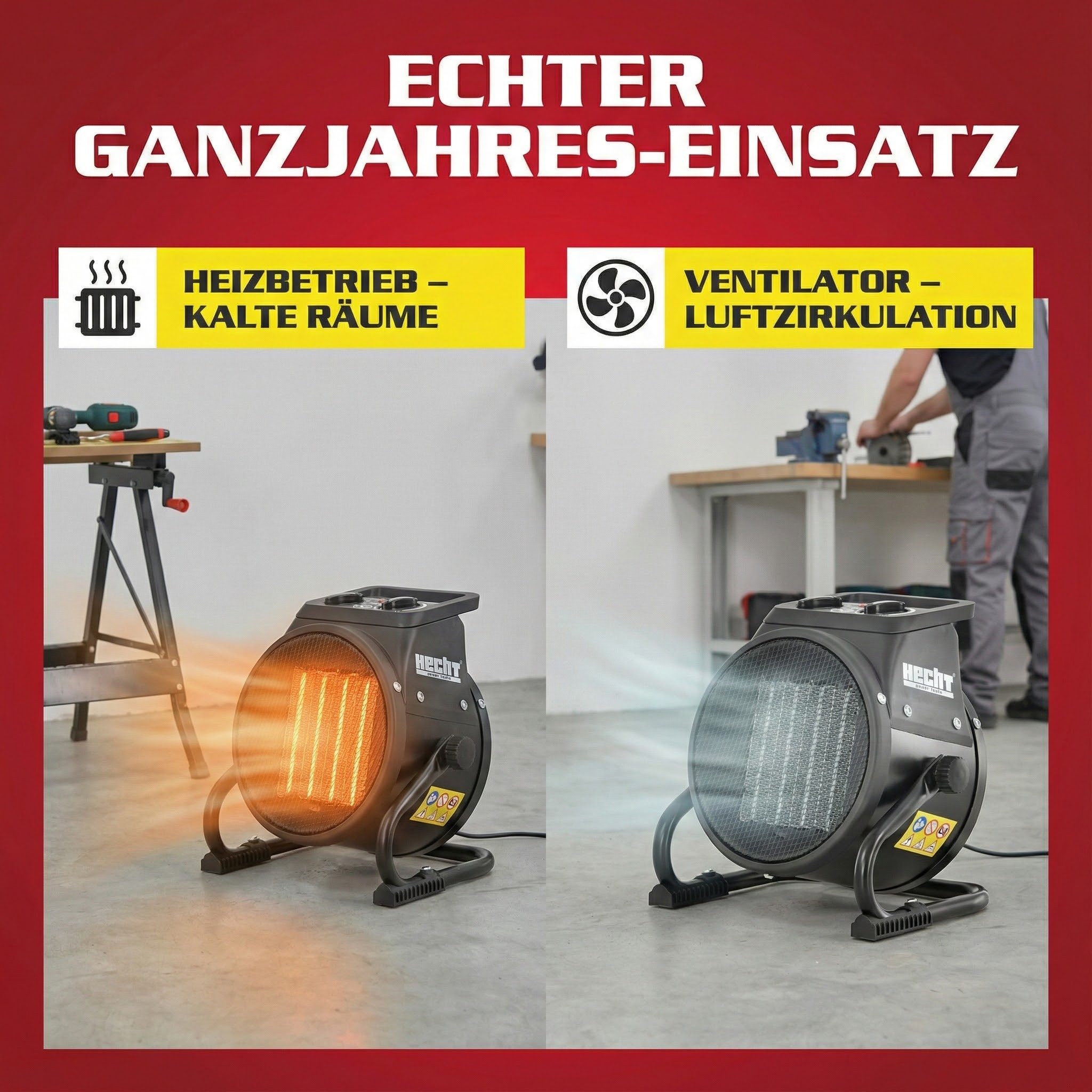Hecht Keramikheizlüfter Heizgerät Heizung 3542 & 3543, 2000 W, 3 Stufen, Tragegriff, Überhitzungsschutz