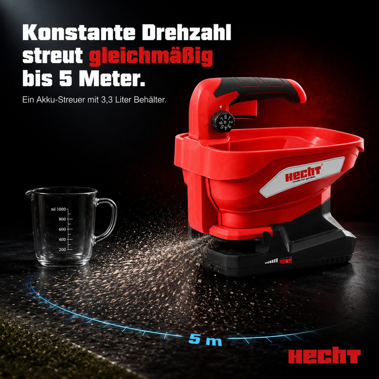 Hecht Handstreuer Akku Universaldstreuer Düngerstreuer 3,3 Liter, 5m Streubreite, 3,3 l Füllmenge, 7,2V mit USB-C Kabel, Salzstreuer 900-220 U/min