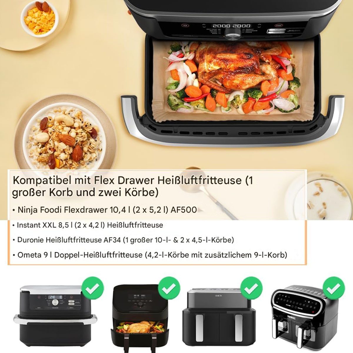 SURFOU Backpapier für Heißluftfritteuse Airfryer Ninja Foodi Flexdrawer/AF500eu 180 St., Lebensmittelsicher,Antihaft, Fettabweisend, Wasserfest, Hitzebeständig