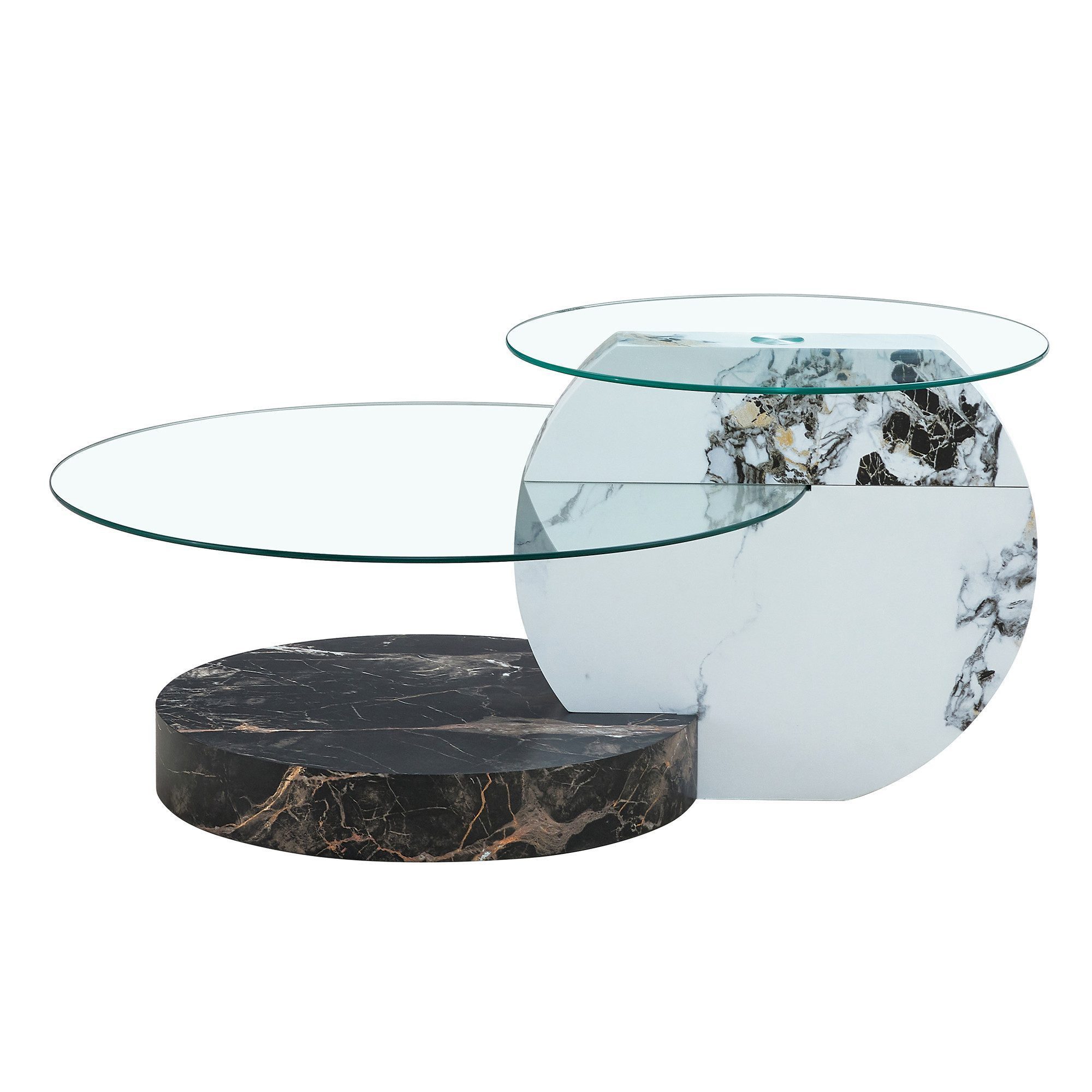 gopop Couchtisch 2er Set, Rundes Glas-Beistelltisch Wohnzimmertisch mit Stauraum, 6 mm Hartglasplatten, MDF-Basis, 90x70 cm