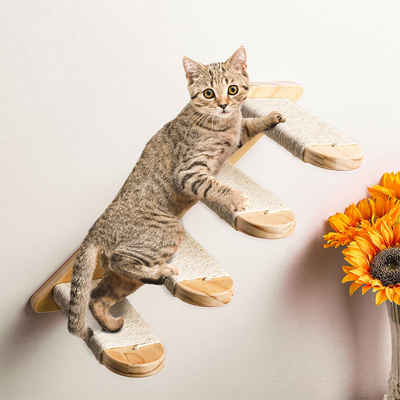 CALIYO Katzen-Kletterwand Wandmontierte Katzentreppe mit Naturbelassener Sisal, Vierstufiges Katzenkletterregal für Spiel, Klettern und Faulenzen -