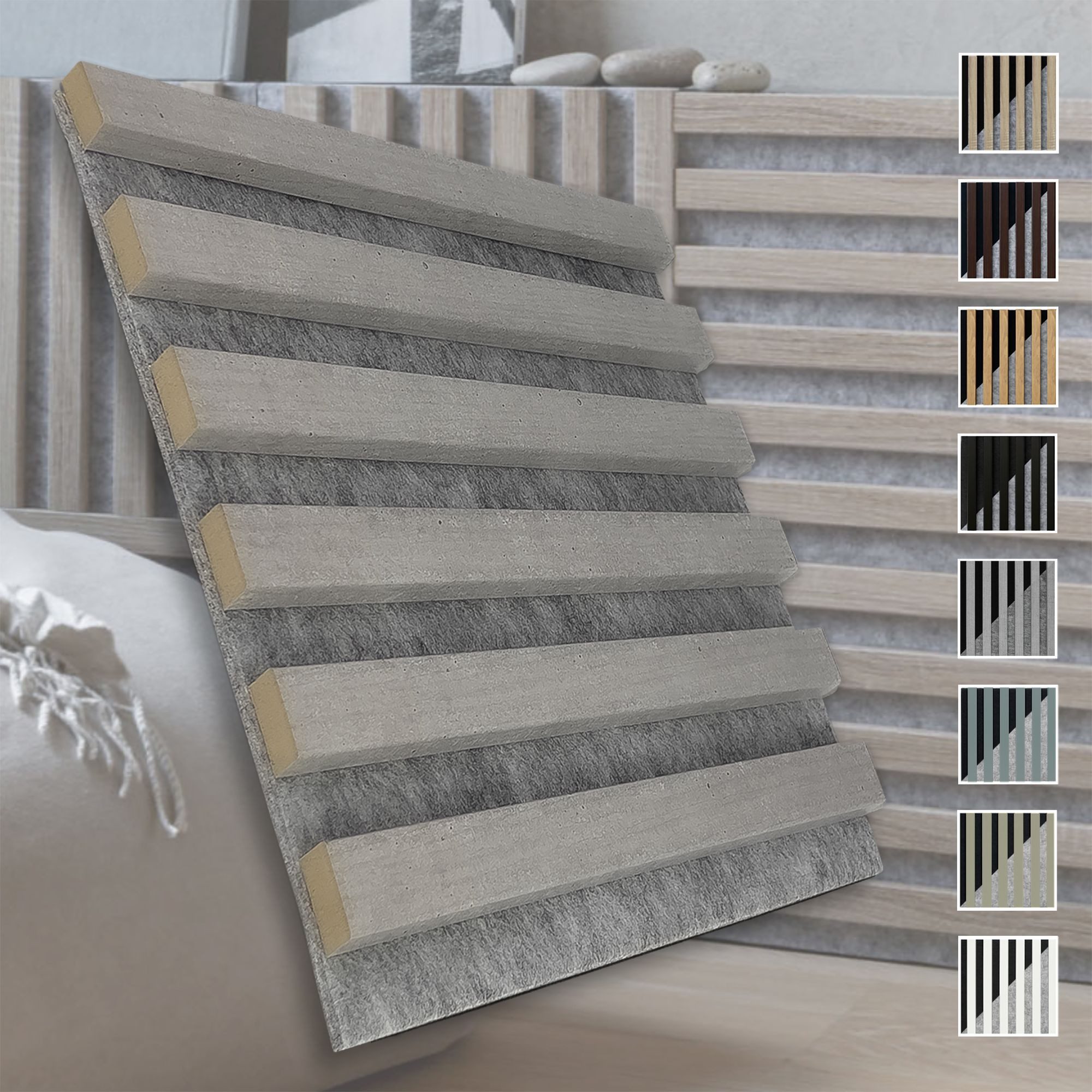 marbet design Wandpaneel, BxL: 30x30 cm, (Akustikpaneele Akustikquadrate 30x30cm Wandverkleidung Holz - (1 Paneel, grau - Beton) vertikal Akustikfilz Lamellenwand Platten)