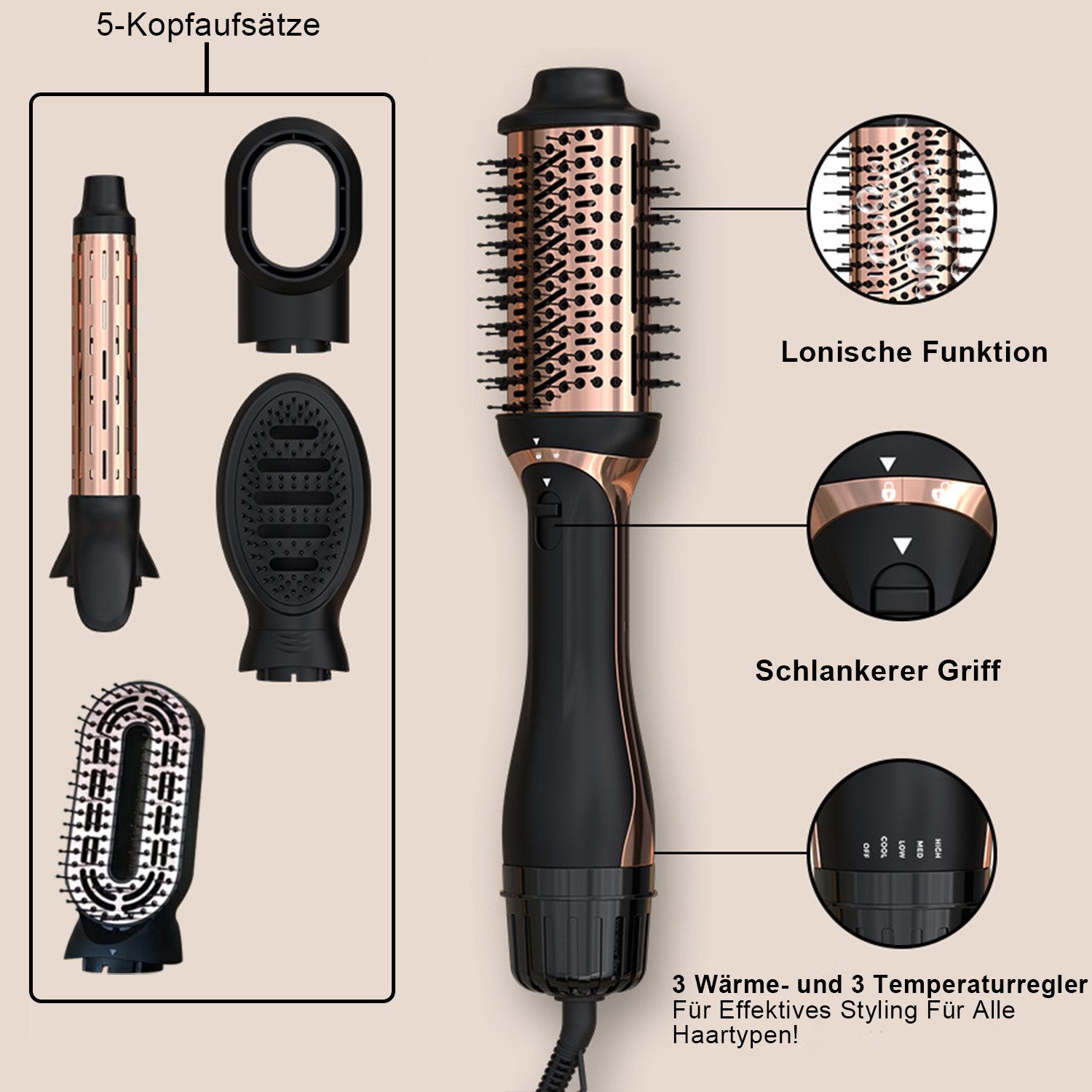 REDOM Haarglättbürste 5-in-1 Warmluftbürste Multistyler Glättbürste Haarstyler, mit Ionenpflege Antifrizz Volumen Für Glätten Trocknen Volumen Locken