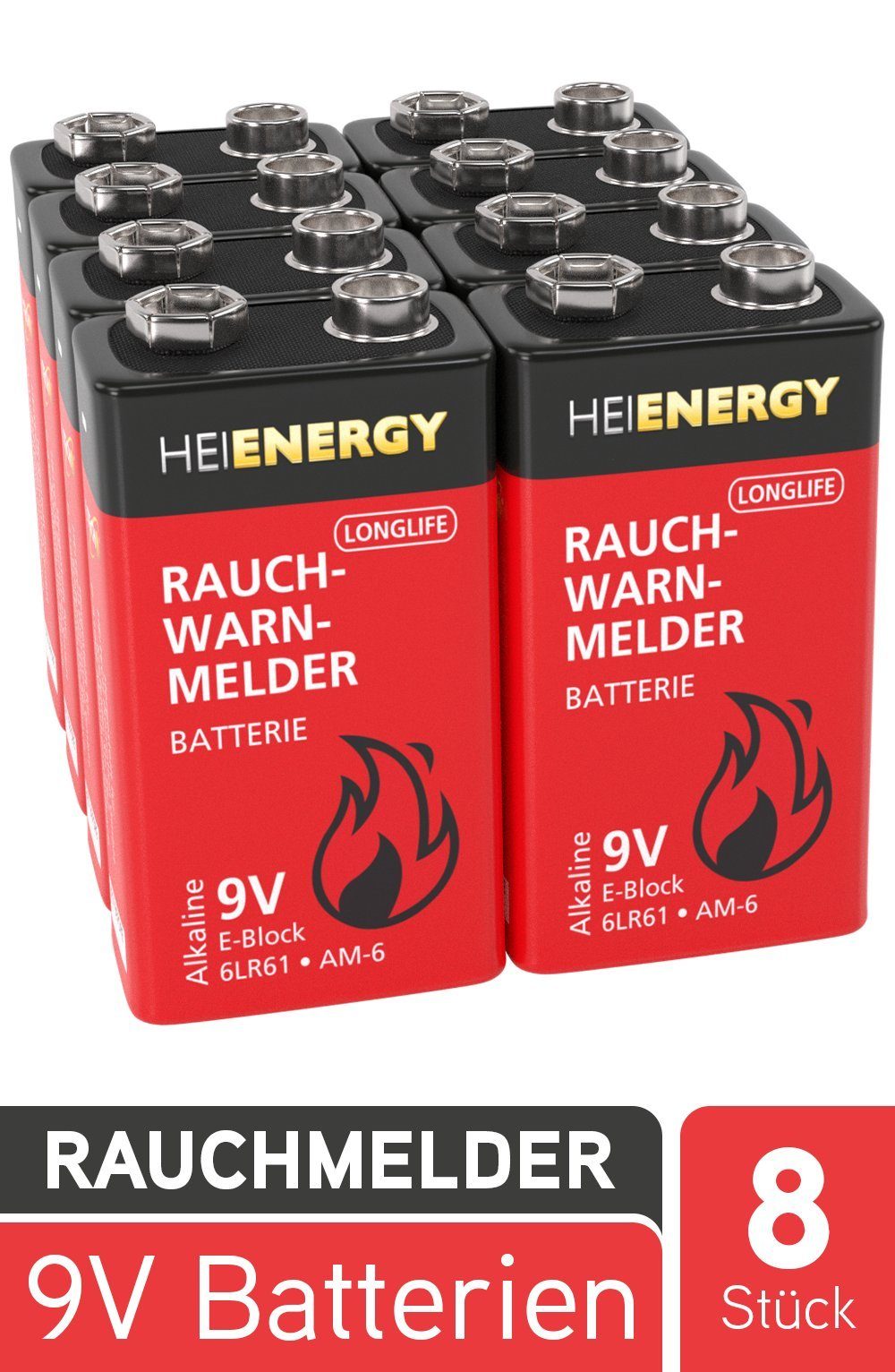 HEITECH 8x Rauchmelder Batterie 9V Block langlebig & auslaufsicher Batterie, (8 St)