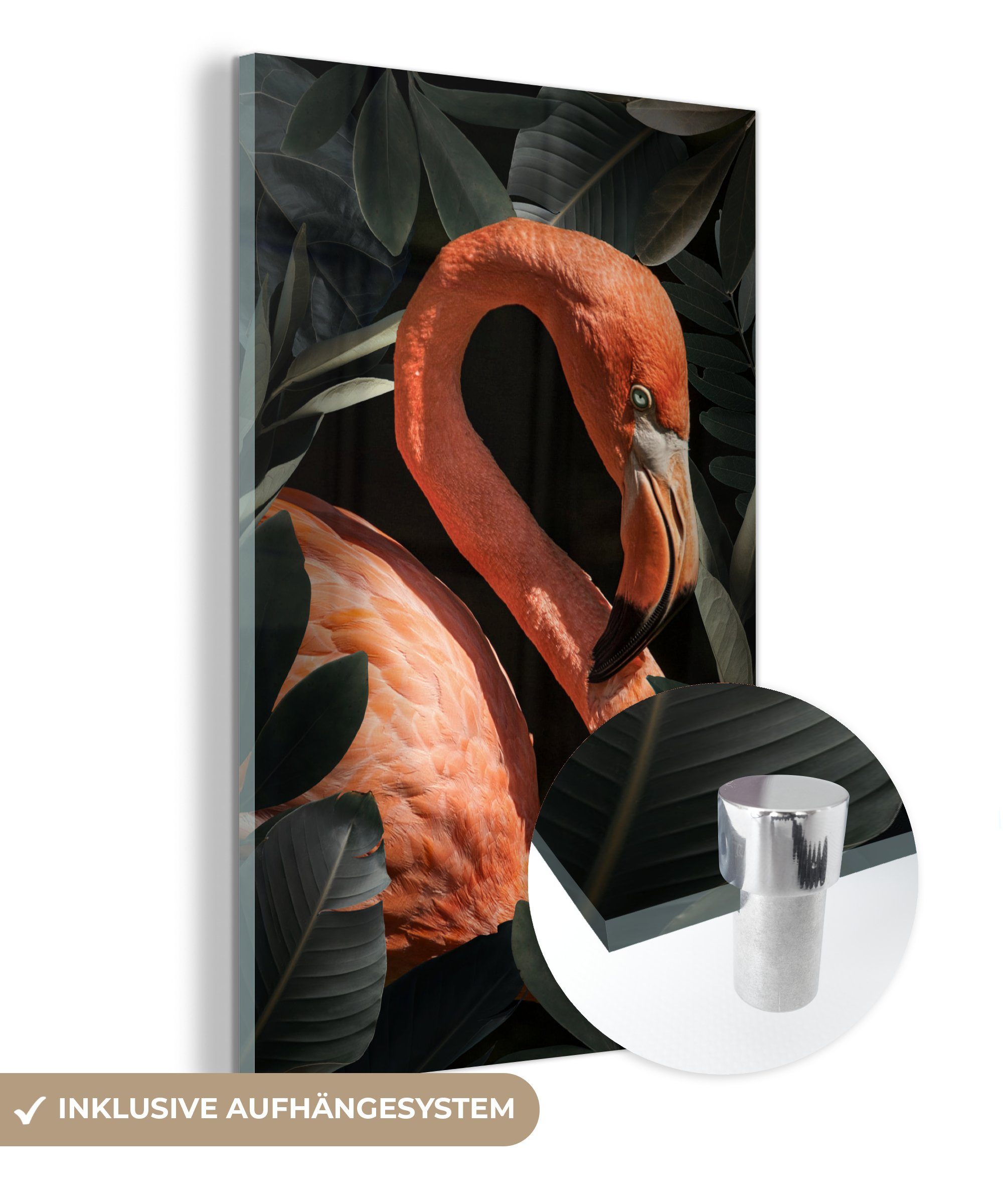 MuchoWow Acrylglasbild Flamingo - Porträt - Blätter, (1 St), Glasbilder - Bilder auf Glas Wandbild - Foto auf Glas - Wanddekoration bunt