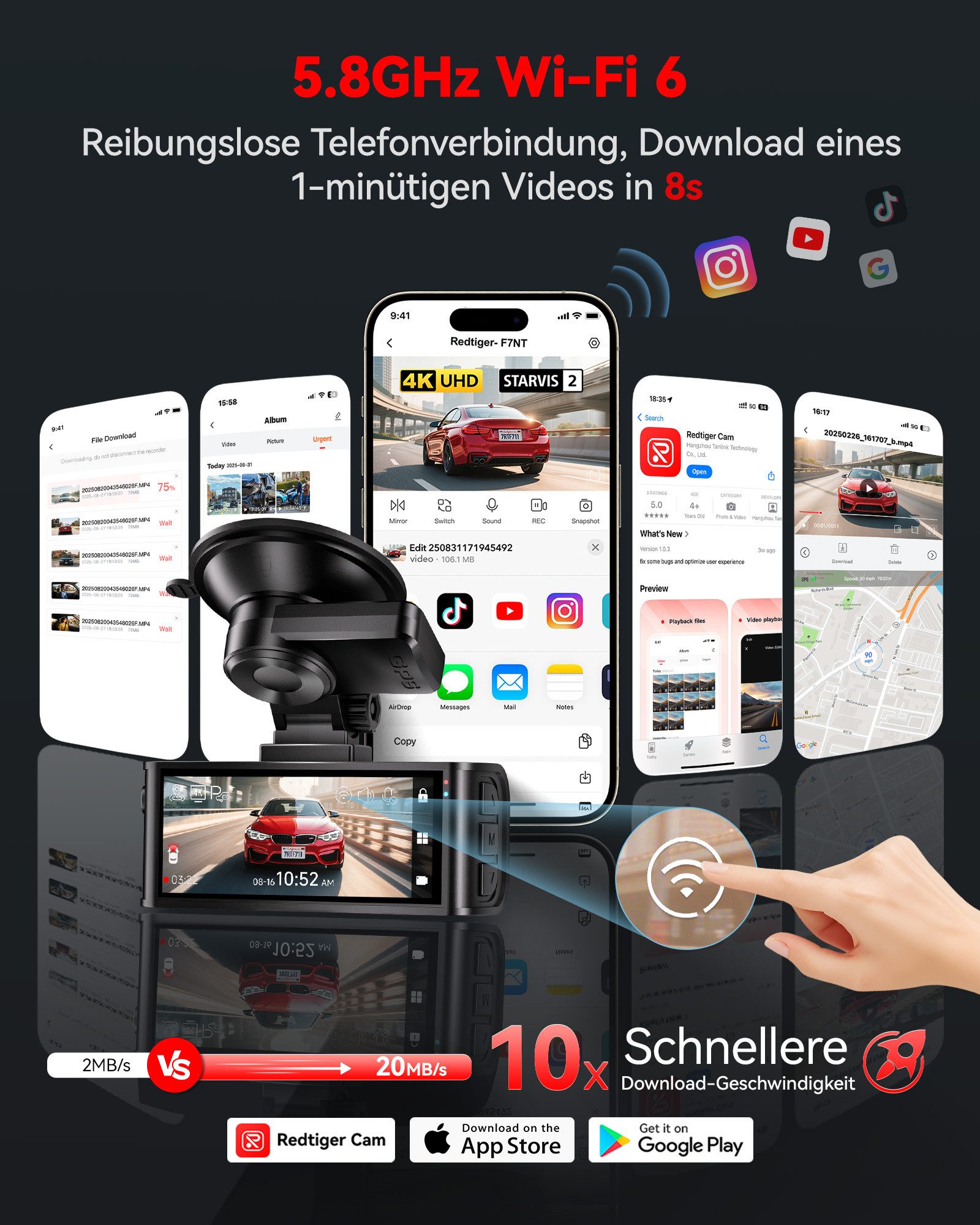 REDTIGER 4K+1080P Duale Autokamera mit 170° Weitwinkel, WDR Nachtsicht, GPS Dashcam (WLAN (Wi-Fi), Parküberwachung & 128GB-Karte inklusive) – Bild 4 von 5