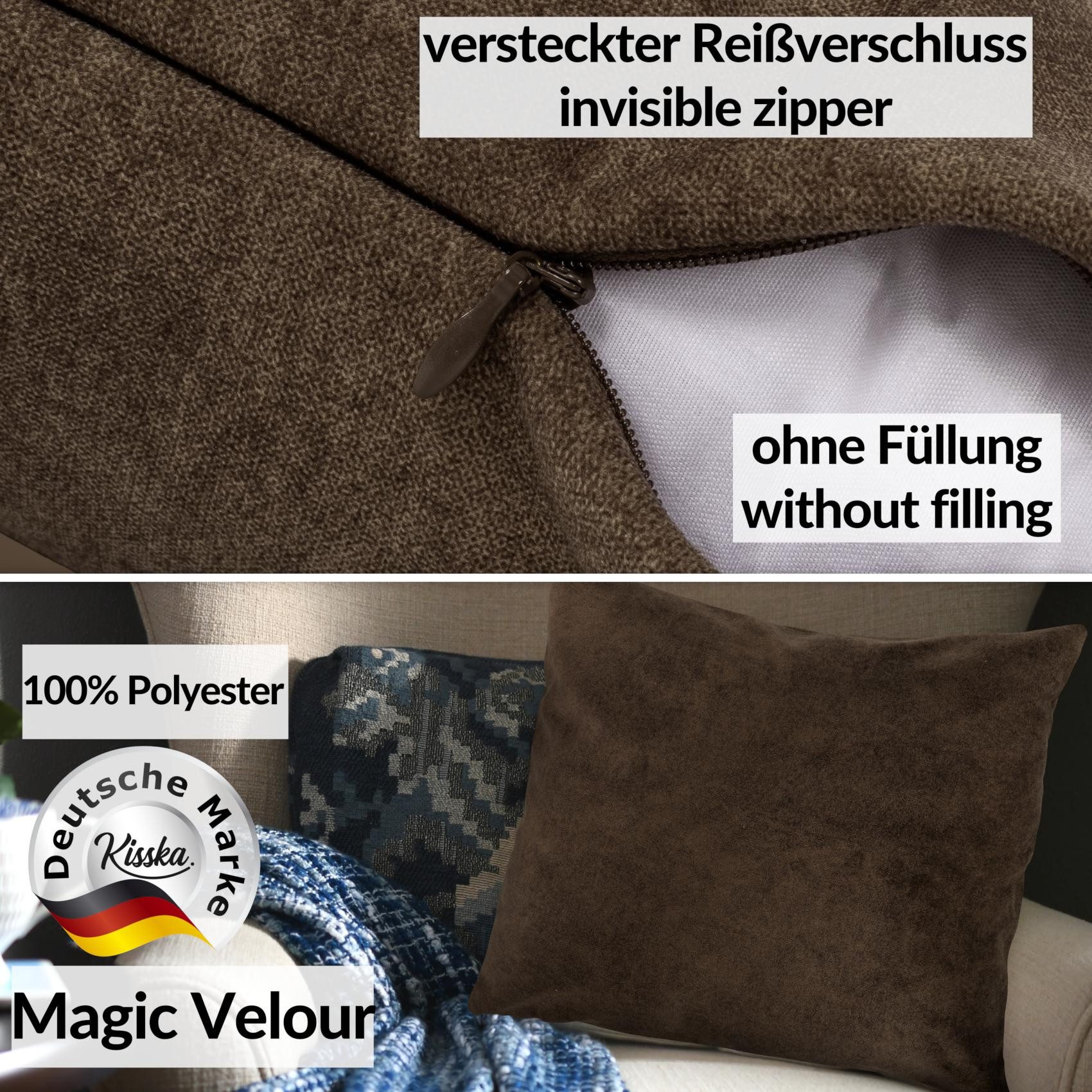 Kisska Dekokissen Kissenhülle MAGIC atmungsaktiv Velour Zierkissen Ambiente Dekorieren, Kissenüberzug ohne Füllung Meliert-Optik 50x30cm Einfarbig Dunkelbraun