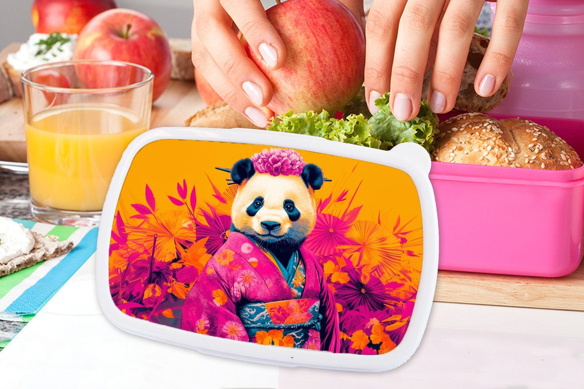 MuchoWow Lunchbox Kimono - Rosa - Panda - Blumenkrone, Kunststoff, (2-tlg), Brotdosen, Lunch Box, Brotbox für Kinder und Erwachsene