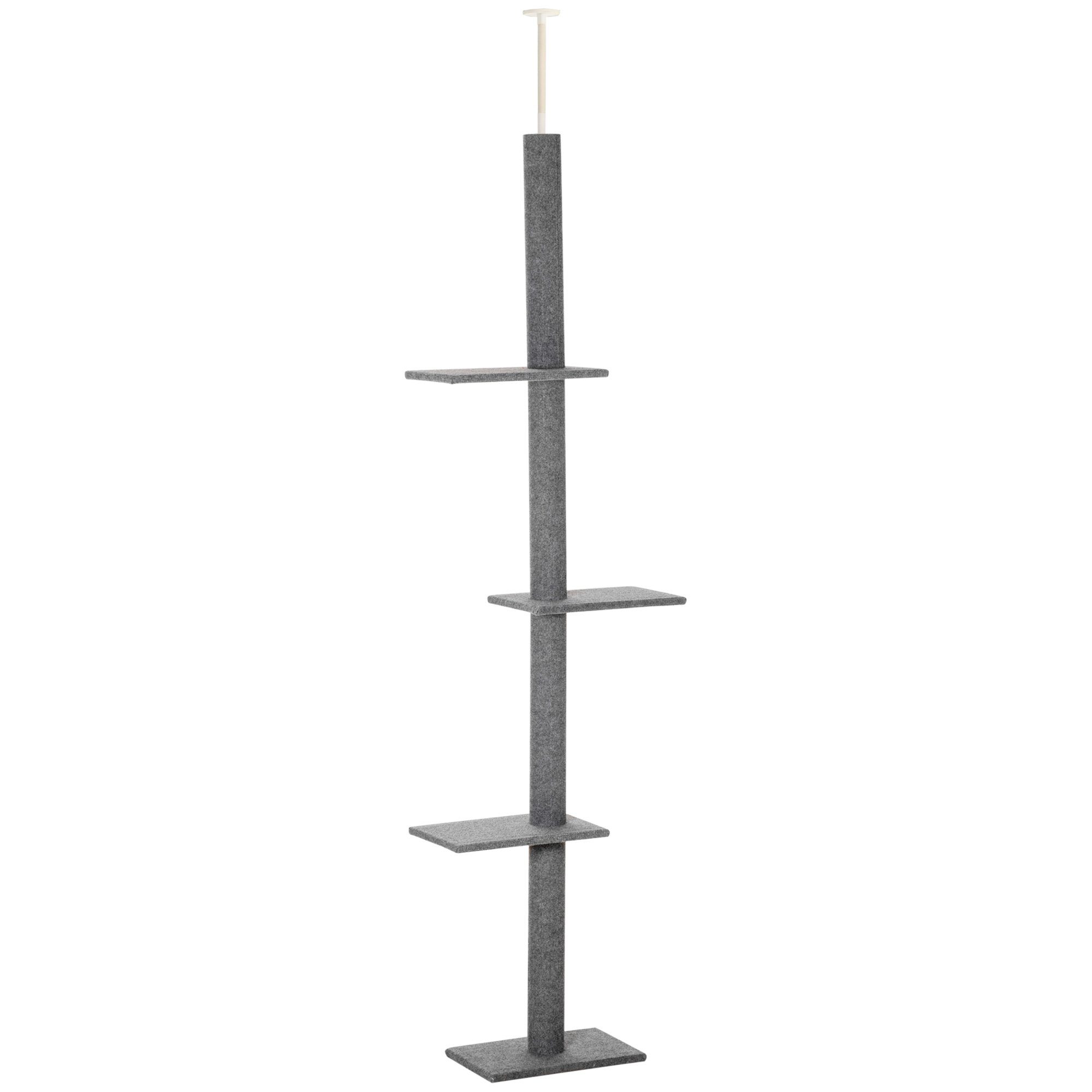 PawHut Kratzbaum Höhenverstellbarer Kletterbaum, mit 3 Ebenen, Grau, 43L x 27B x 228-260H cm