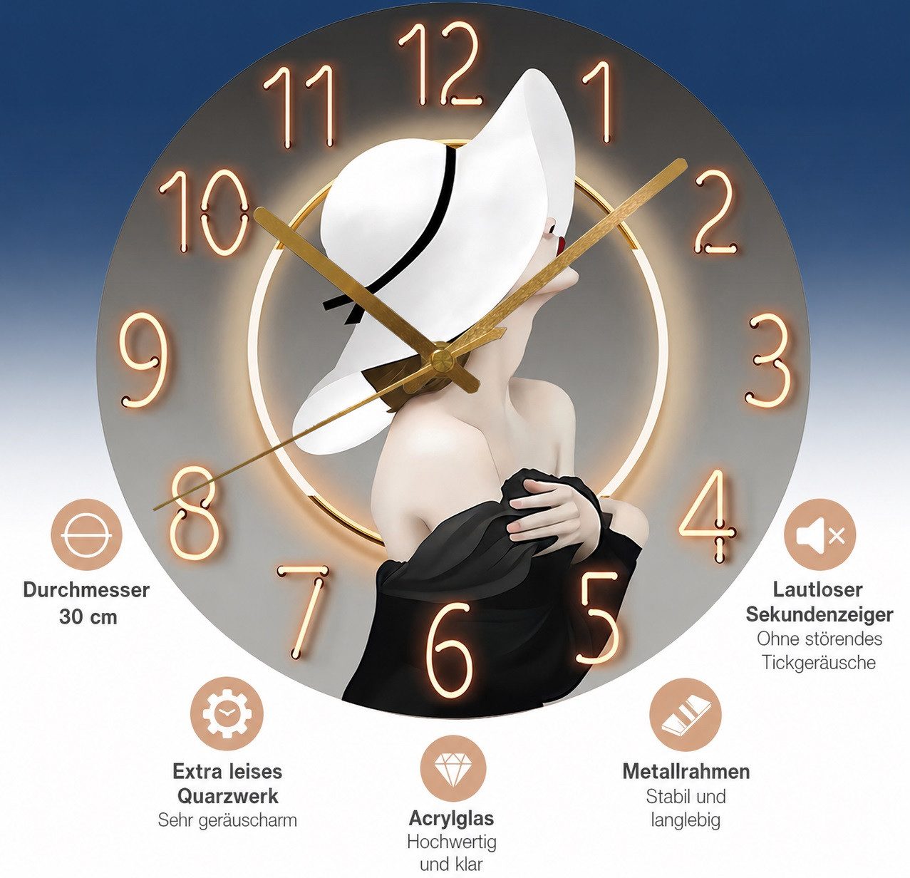 MOPUEA Wanduhr Moderne Glasuhr aus Gehärtetem Glas Elegante Uhr 12 zoll (Motiv Schwingungen im Licht Wanduhr für Wohnzimmer & Küche)