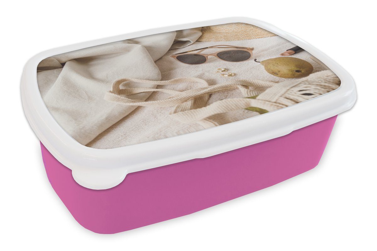 MuchoWow Lunchbox Sommer - Sonnenbrille - Tasche, Kunststoff, (2-tlg), Brotbox für Erwachsene, Brotdose Kinder, Snackbox, Mädchen, Kunststoff rosa